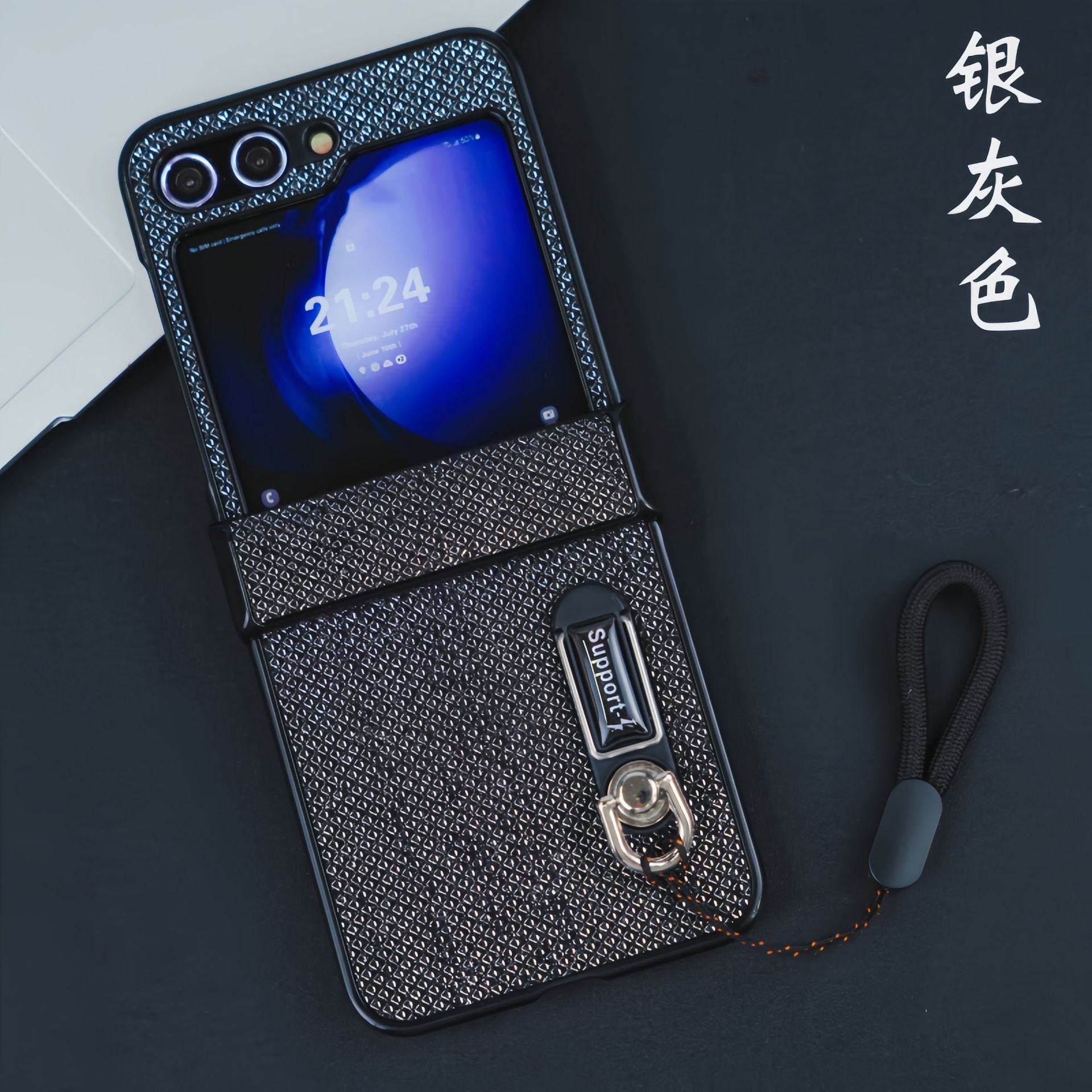 Compatible with Samsung Z Flip 8/7 phone case, 6/5 stand, carrying strap, vegan leather, 4/3 folding screen protective case