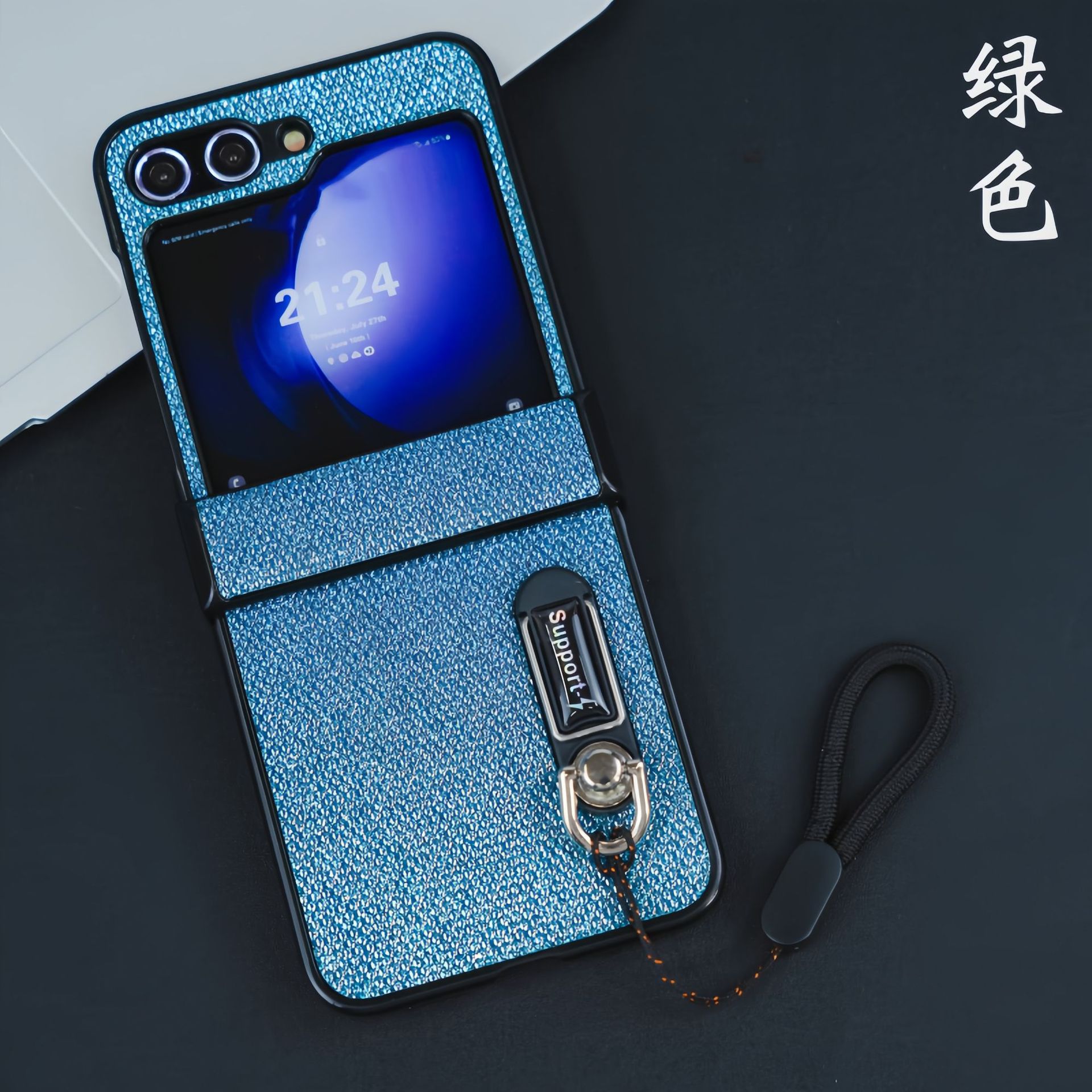 Compatible with Samsung Z Flip 8/7 phone case, 6/5 stand, carrying strap, vegan leather, 4/3 folding screen protective case