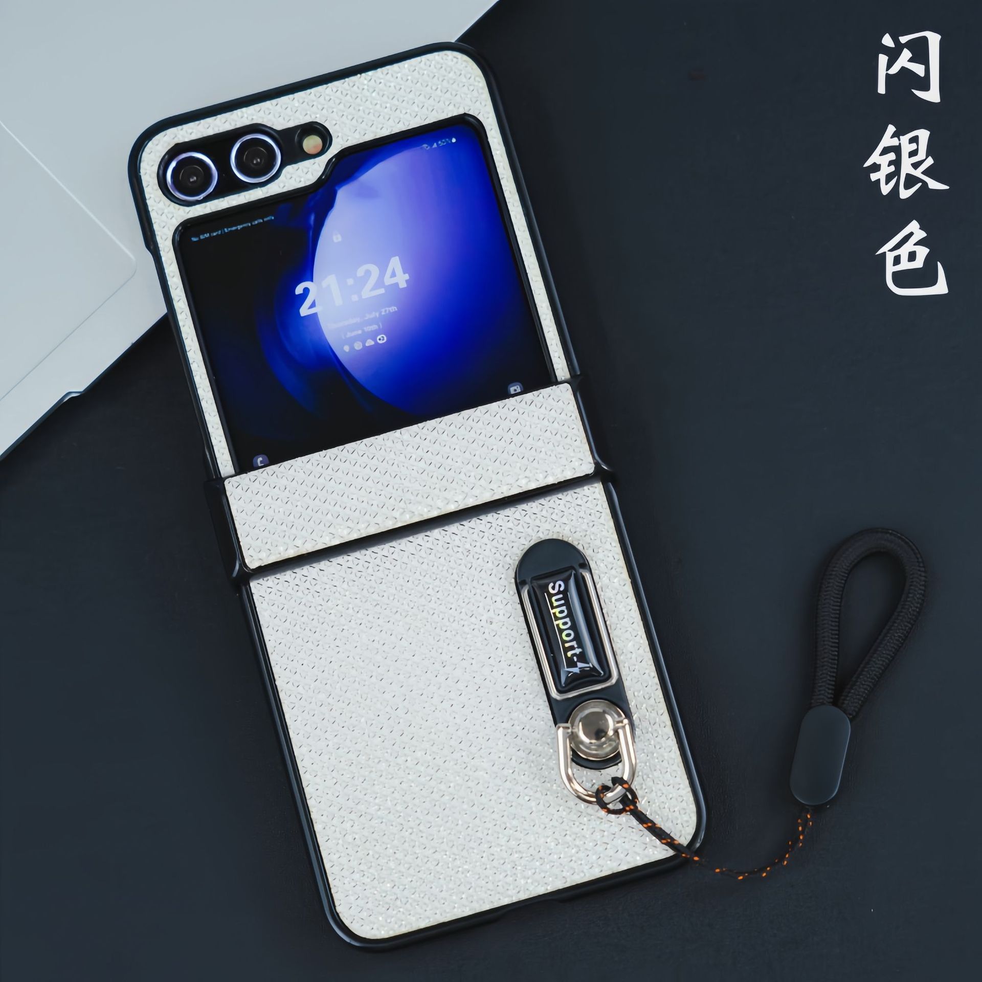 Compatible with Samsung Z Flip 8/7 phone case, 6/5 stand, carrying strap, vegan leather, 4/3 folding screen protective case