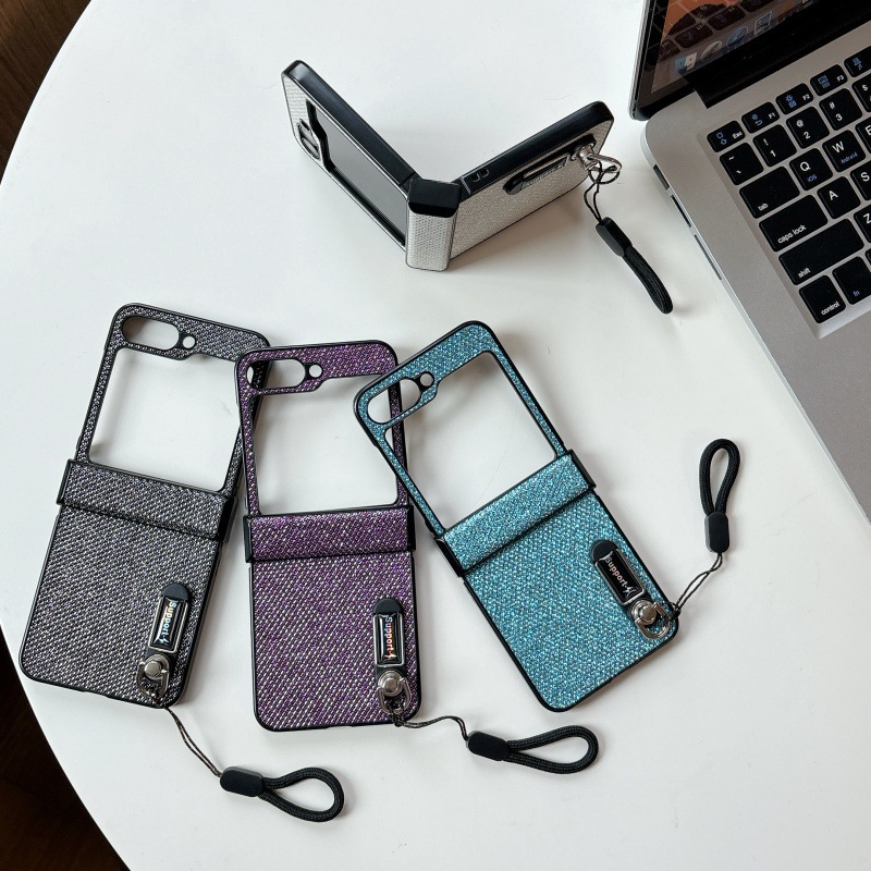 Compatible with Samsung Z Flip 8/7 phone case, 6/5 stand, carrying strap, vegan leather, 4/3 folding screen protective case