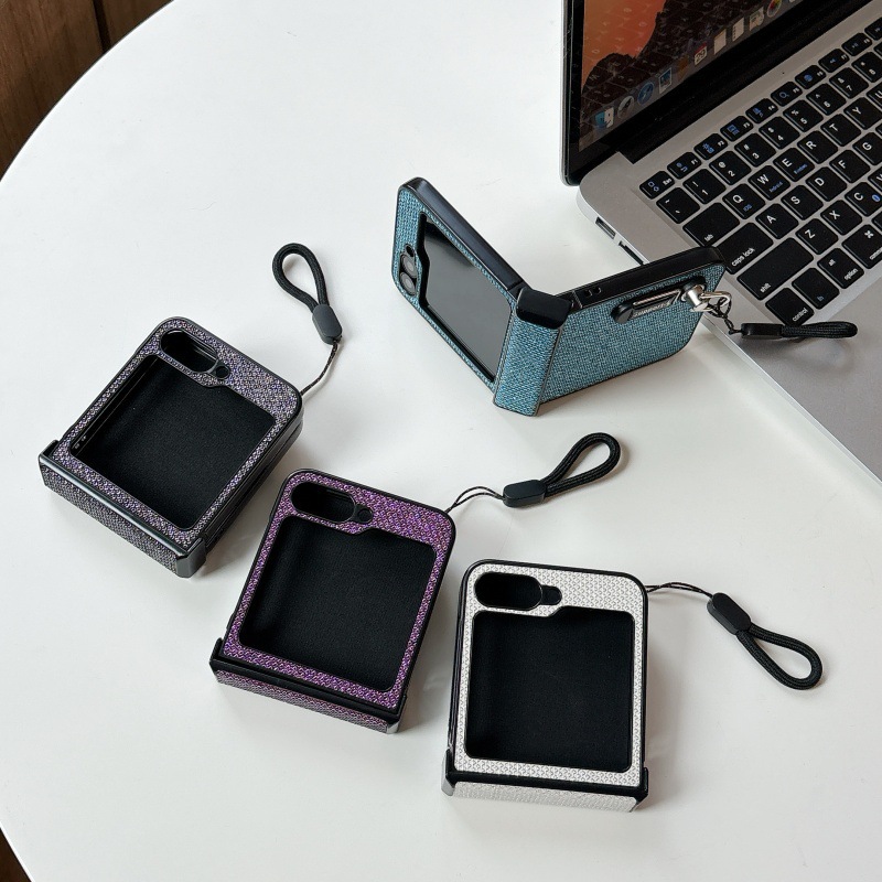 Compatible with Samsung Z Flip 8/7 phone case, 6/5 stand, carrying strap, vegan leather, 4/3 folding screen protective case