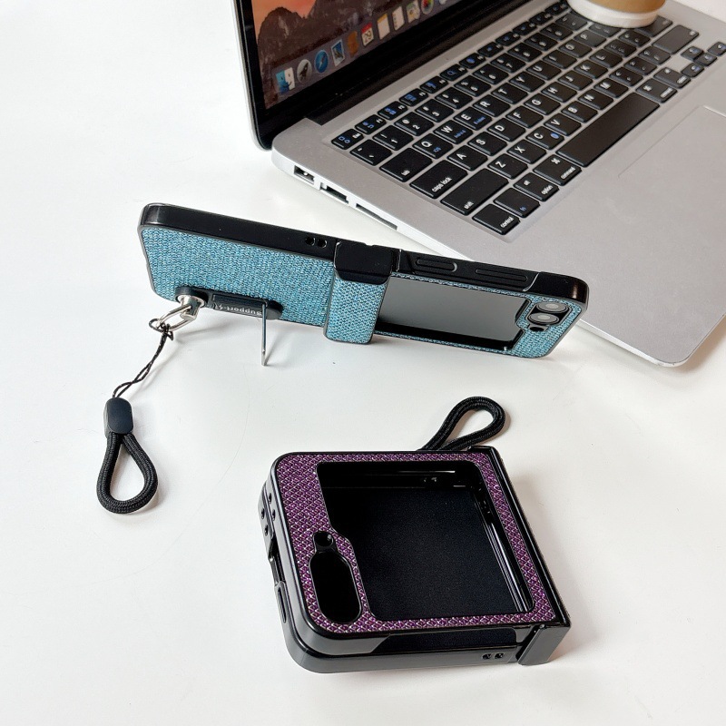 Compatible with Samsung Z Flip 8/7 phone case, 6/5 stand, carrying strap, vegan leather, 4/3 folding screen protective case