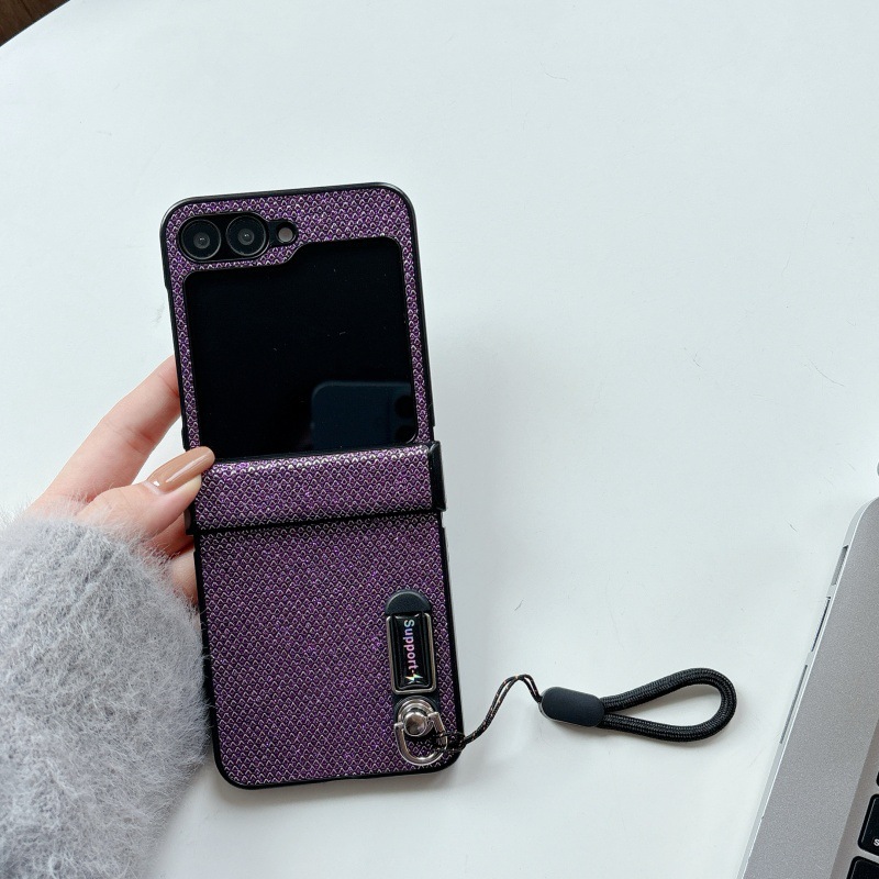 Compatible with Samsung Z Flip 8/7 phone case, 6/5 stand, carrying strap, vegan leather, 4/3 folding screen protective case