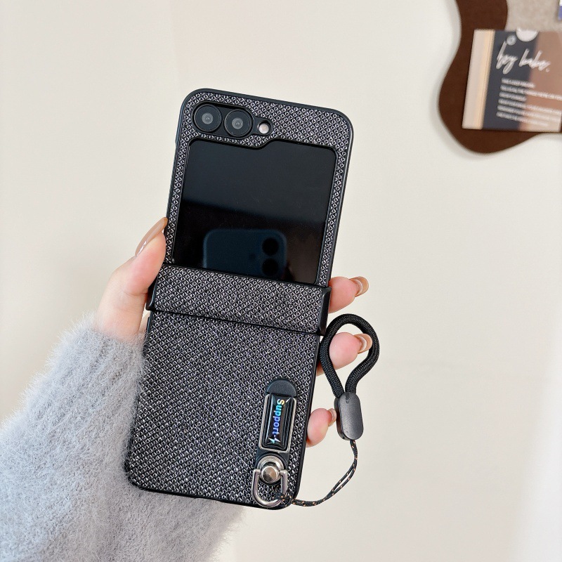 Compatible with Samsung Z Flip 8/7 phone case, 6/5 stand, carrying strap, vegan leather, 4/3 folding screen protective case