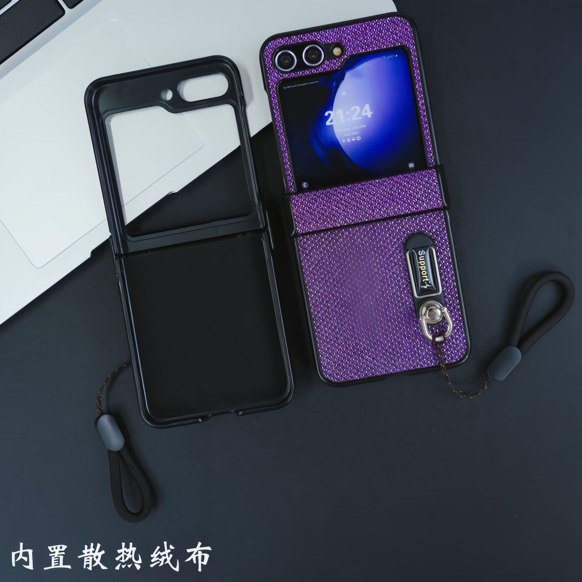 Compatible with Samsung Z Flip 8/7 phone case, 6/5 stand, carrying strap, vegan leather, 4/3 folding screen protective case