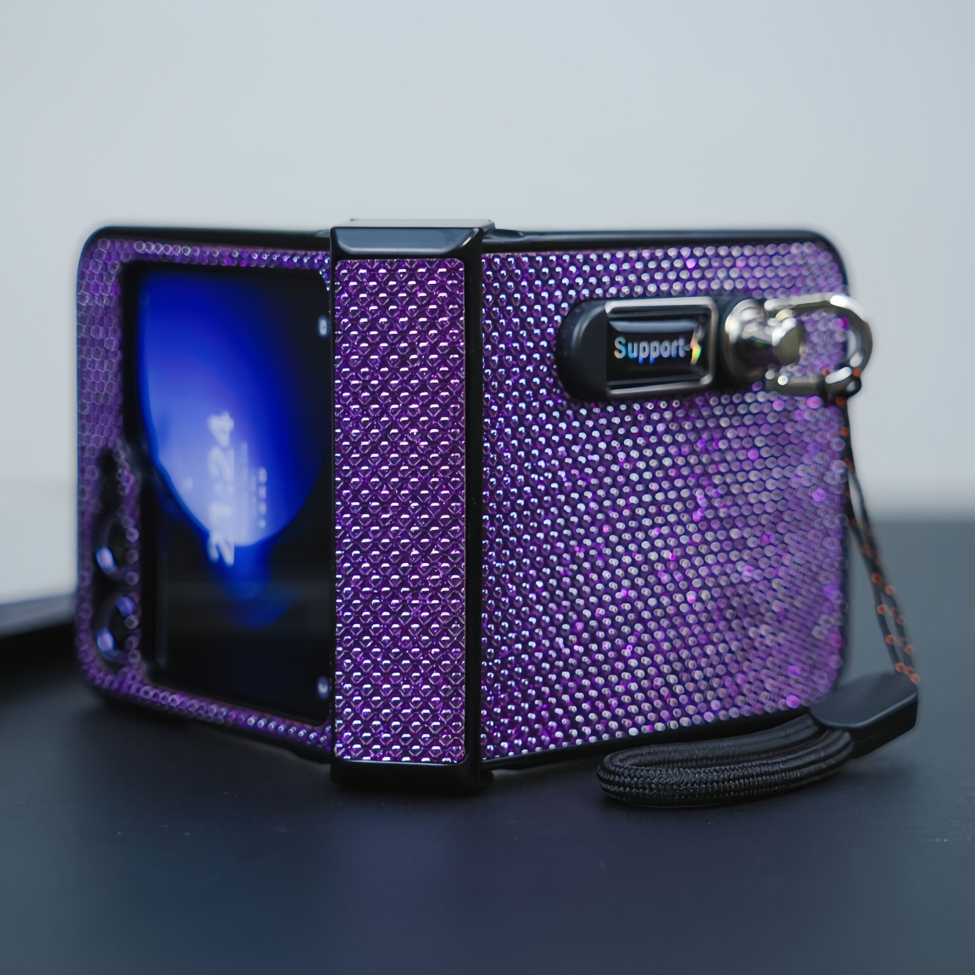 Compatible with Samsung Z Flip 8/7 phone case, 6/5 stand, carrying strap, vegan leather, 4/3 folding screen protective case