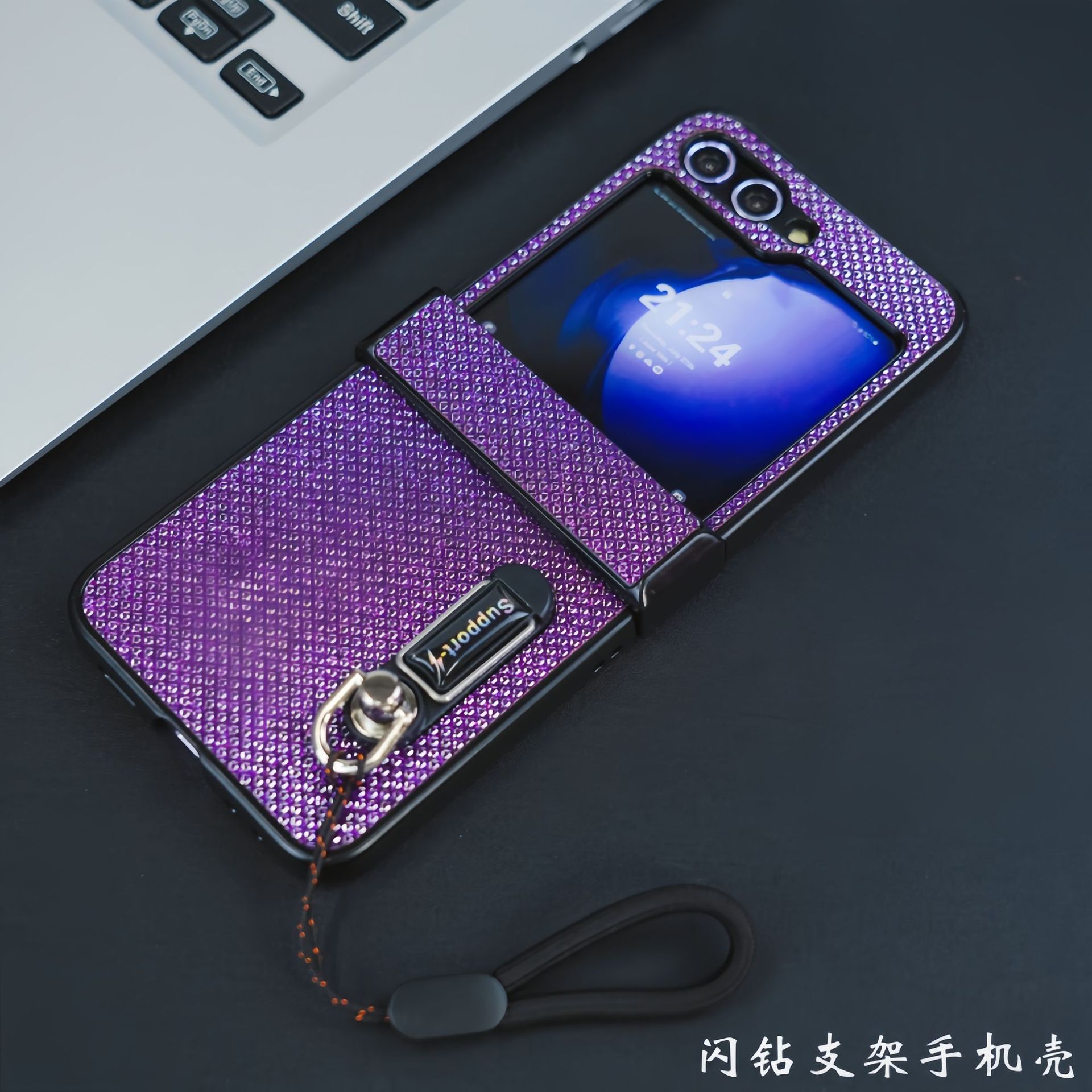 Compatible with Samsung Z Flip 8/7 phone case, 6/5 stand, carrying strap, vegan leather, 4/3 folding screen protective case