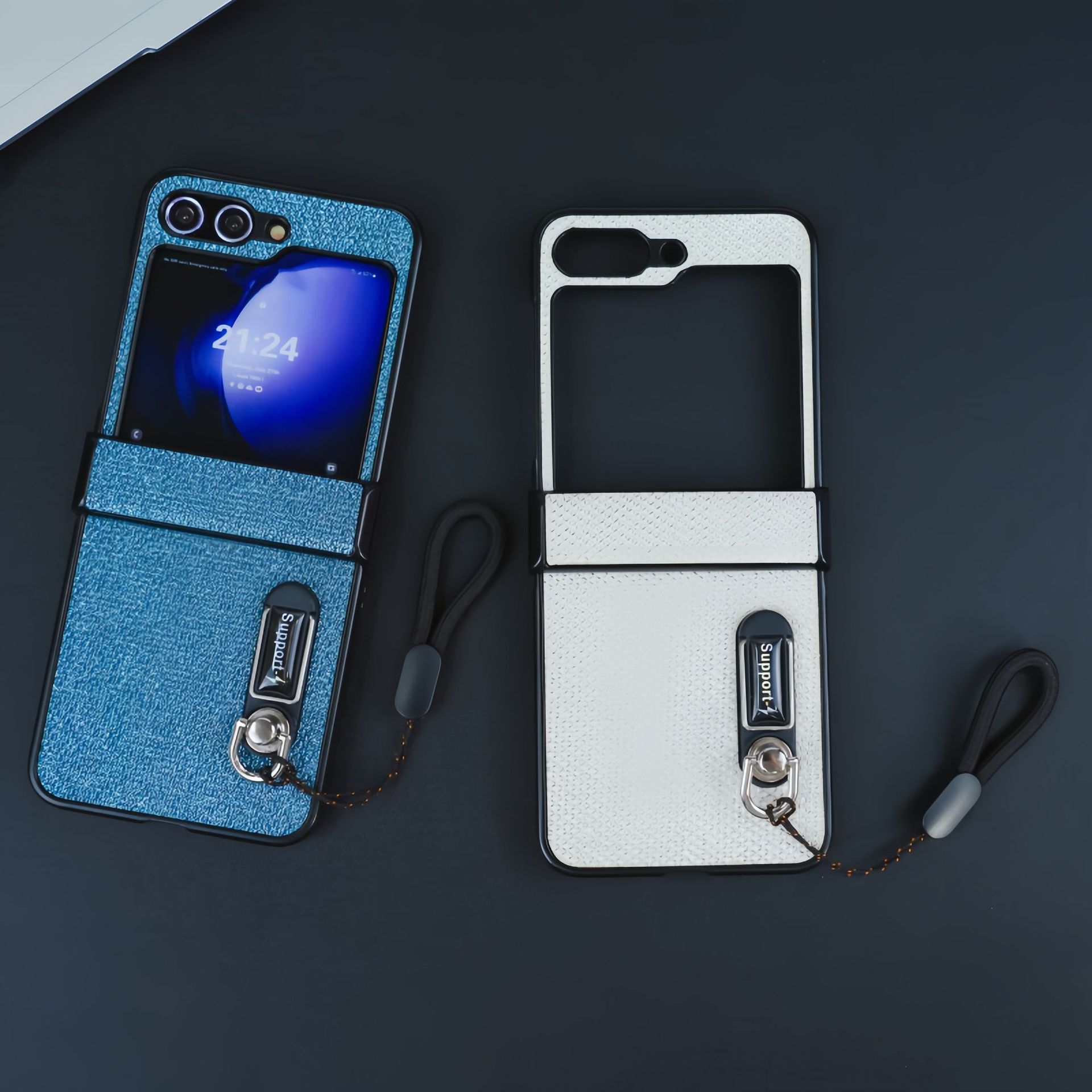 Compatible with Samsung Z Flip 8/7 phone case, 6/5 stand, carrying strap, vegan leather, 4/3 folding screen protective case
