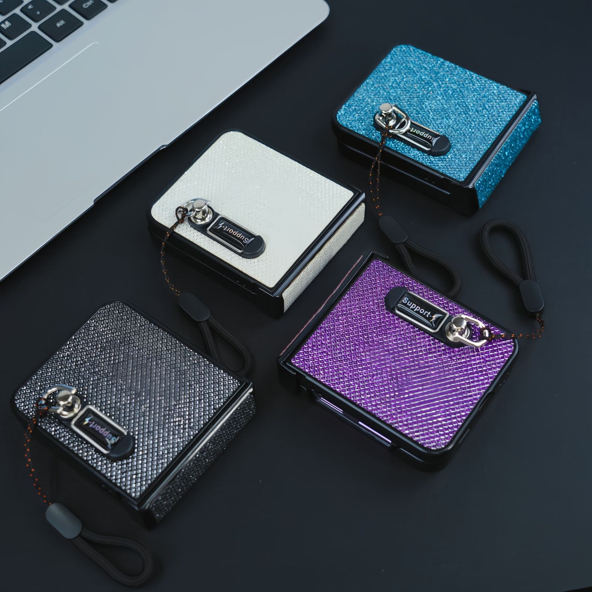 Compatible with Samsung Z Flip 8/7 phone case, 6/5 stand, carrying strap, vegan leather, 4/3 folding screen protective case