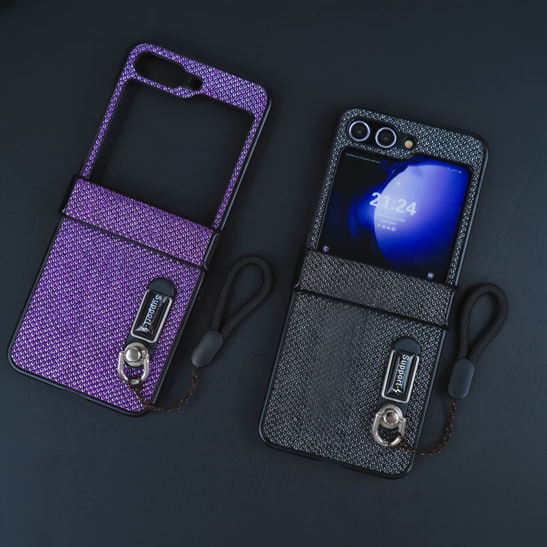 Compatible with Samsung Z Flip 8/7 phone case, 6/5 stand, carrying strap, vegan leather, 4/3 folding screen protective case