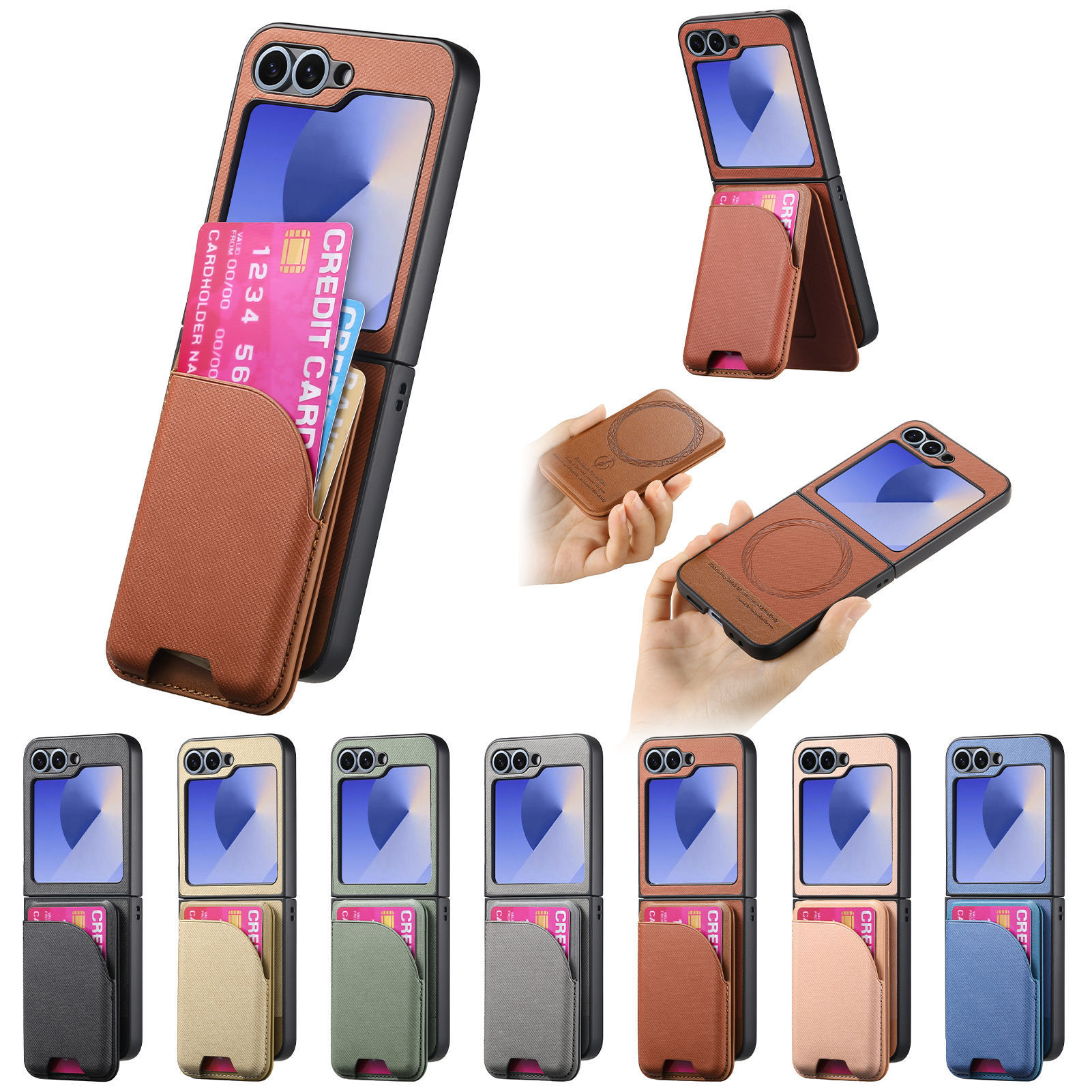 Compatible with Samsung ZFlip 8/7 phone case, 7/6 wireless charging, built-in magnetic card holder, 4/3 vegan leather protective case
