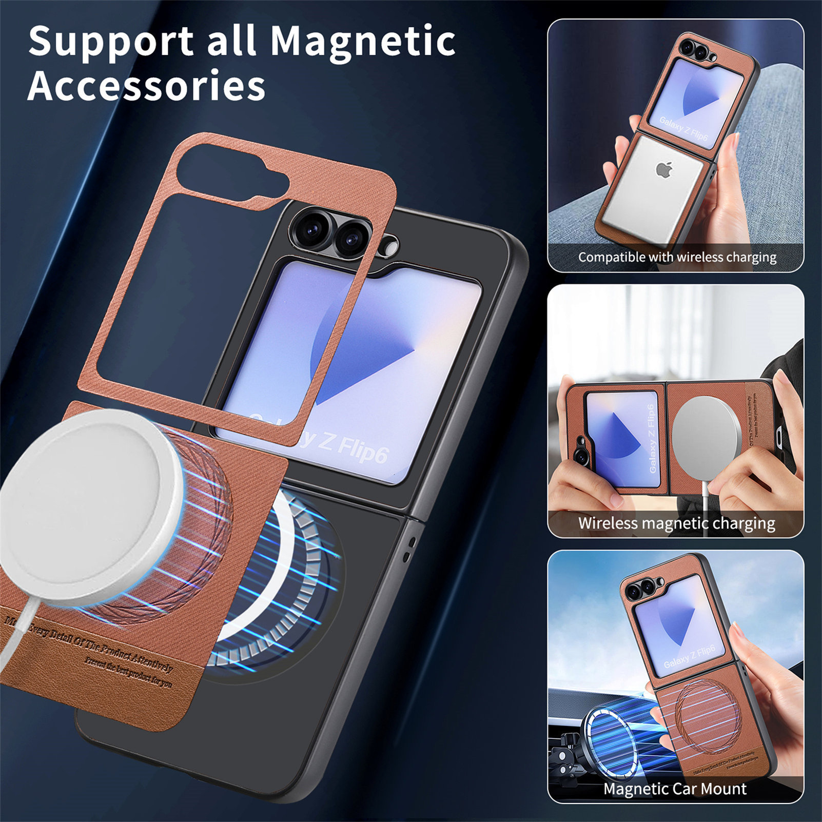 Compatible with Samsung ZFlip 8/7 phone case, 7/6 wireless charging, built-in magnetic card holder, 4/3 vegan leather protective case