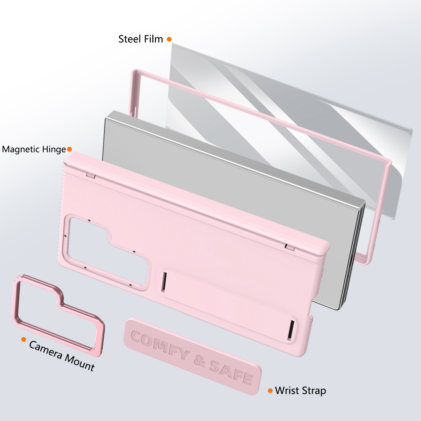 Compatible with Samsung Z Fold8/7/6 phone case, 5/4/3 lens holder, wrist strap, hinge, full coverage, drop protection.
