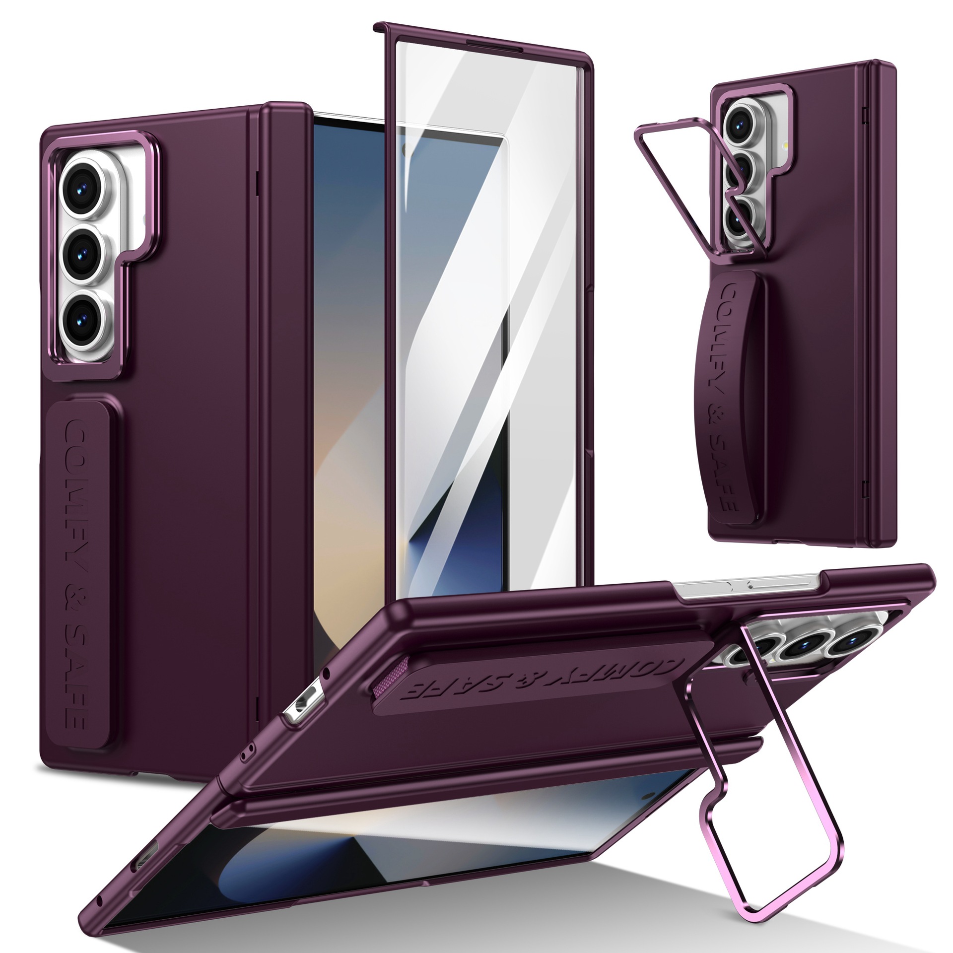 Compatible with Samsung Z Fold8/7/6 phone case, 5/4/3 lens holder, wrist strap, hinge, full coverage, drop protection.