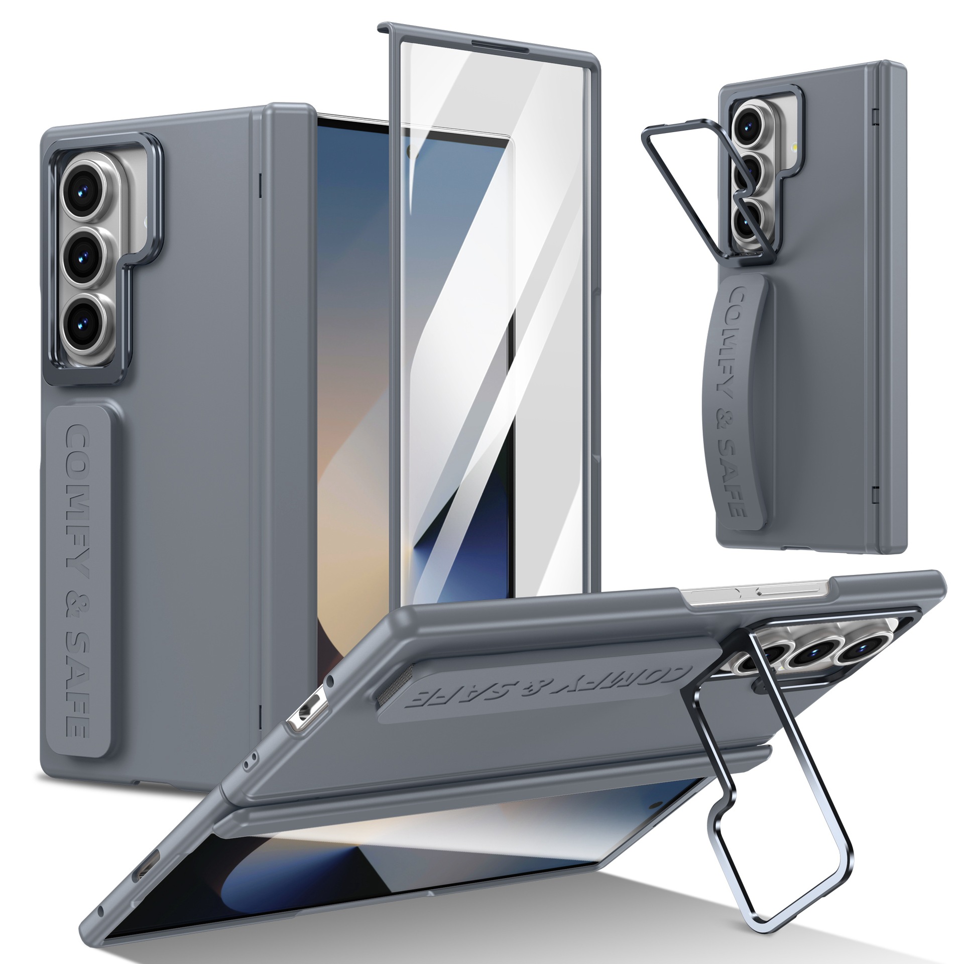 Compatible with Samsung Z Fold8/7/6 phone case, 5/4/3 lens holder, wrist strap, hinge, full coverage, drop protection.