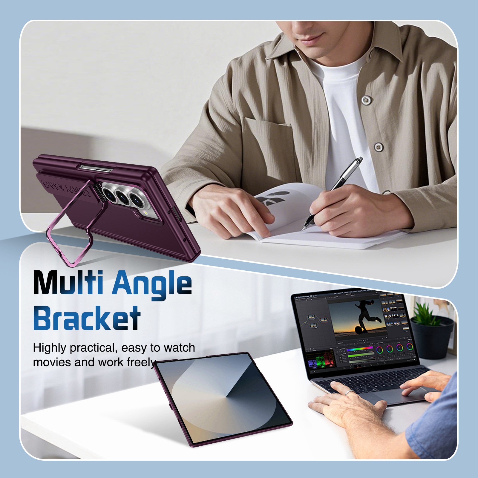 Compatible with Samsung Z Fold8/7/6 phone case, 5/4/3 lens holder, wrist strap, hinge, full coverage, drop protection.