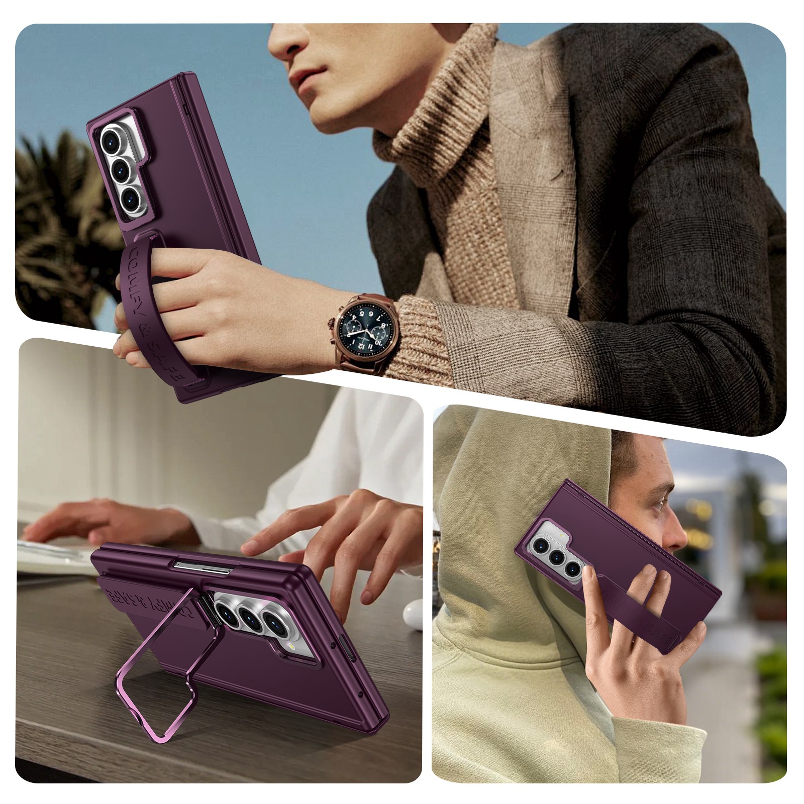 Compatible with Samsung Z Fold8/7/6 phone case, 5/4/3 lens holder, wrist strap, hinge, full coverage, drop protection.