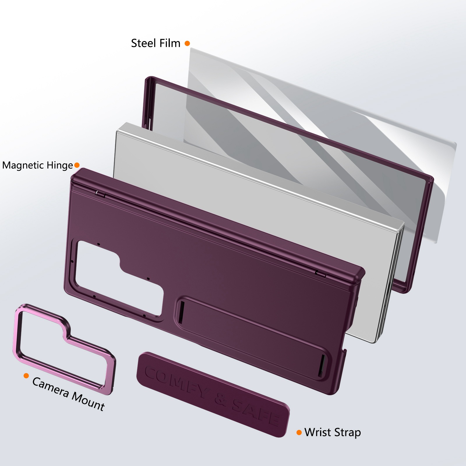 Compatible with Samsung Z Fold8/7/6 phone case, 5/4/3 lens holder, wrist strap, hinge, full coverage, drop protection.