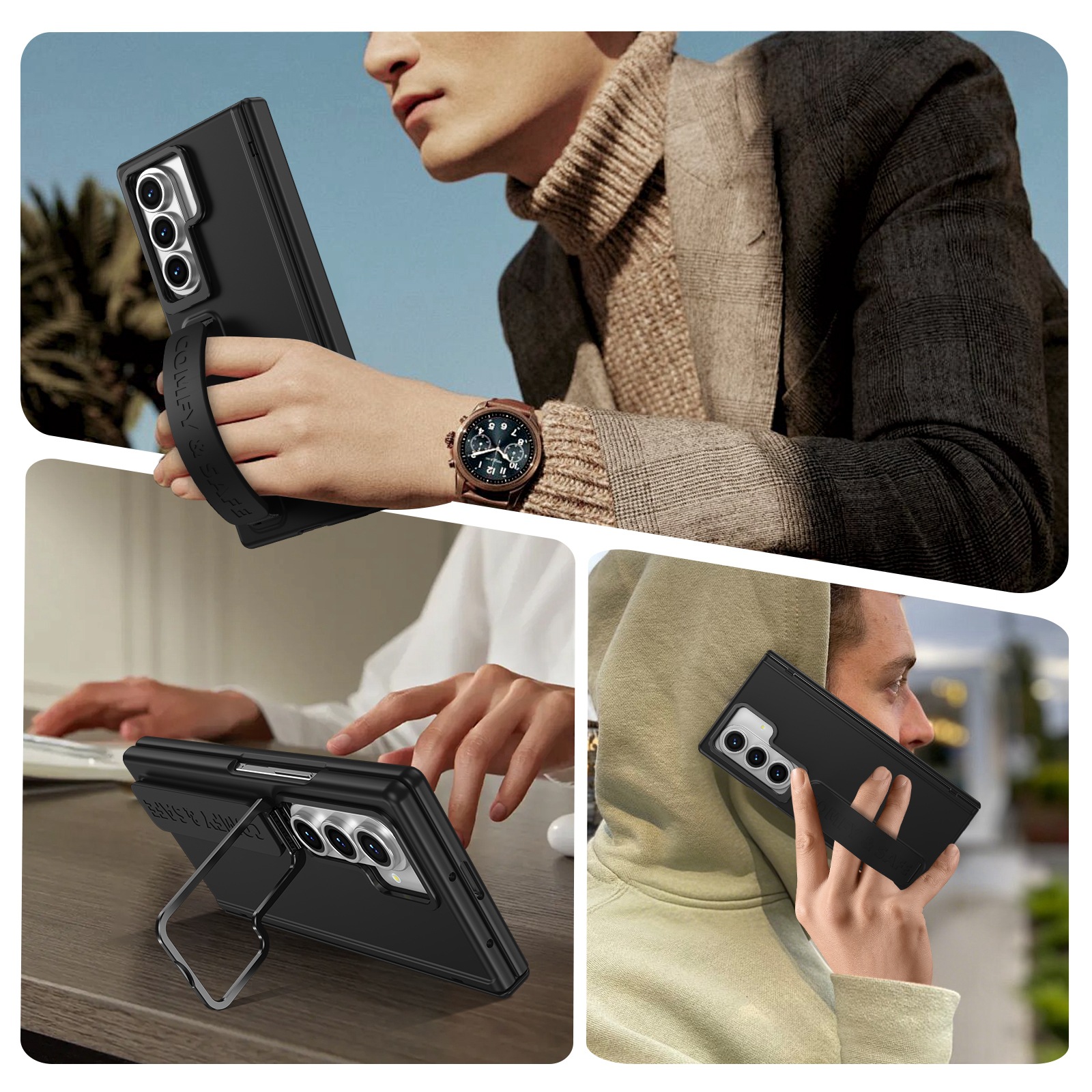 Compatible with Samsung Z Fold8/7/6 phone case, 5/4/3 lens holder, wrist strap, hinge, full coverage, drop protection.