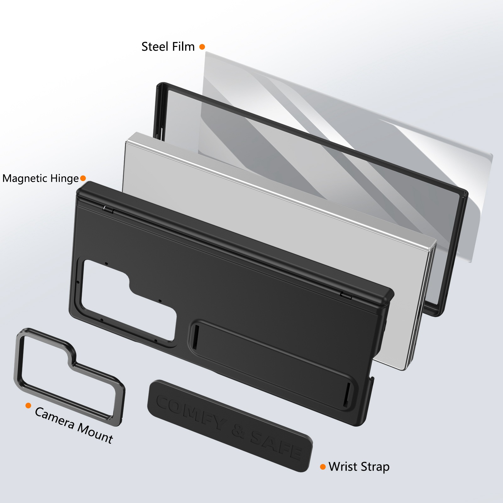 Compatible with Samsung Z Fold8/7/6 phone case, 5/4/3 lens holder, wrist strap, hinge, full coverage, drop protection.