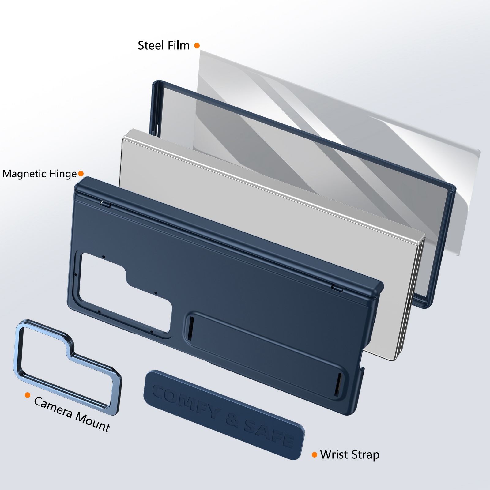 Compatible with Samsung Z Fold8/7/6 phone case, 5/4/3 lens holder, wrist strap, hinge, full coverage, drop protection.