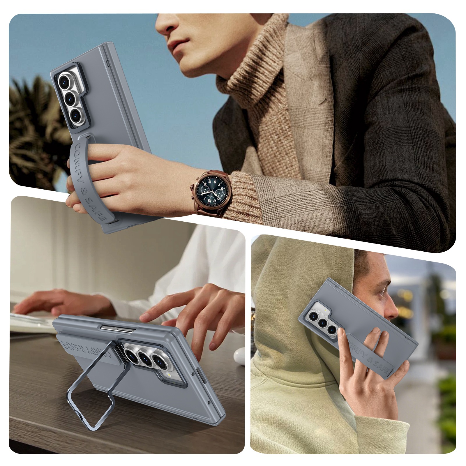 Compatible with Samsung Z Fold8/7/6 phone case, 5/4/3 lens holder, wrist strap, hinge, full coverage, drop protection.