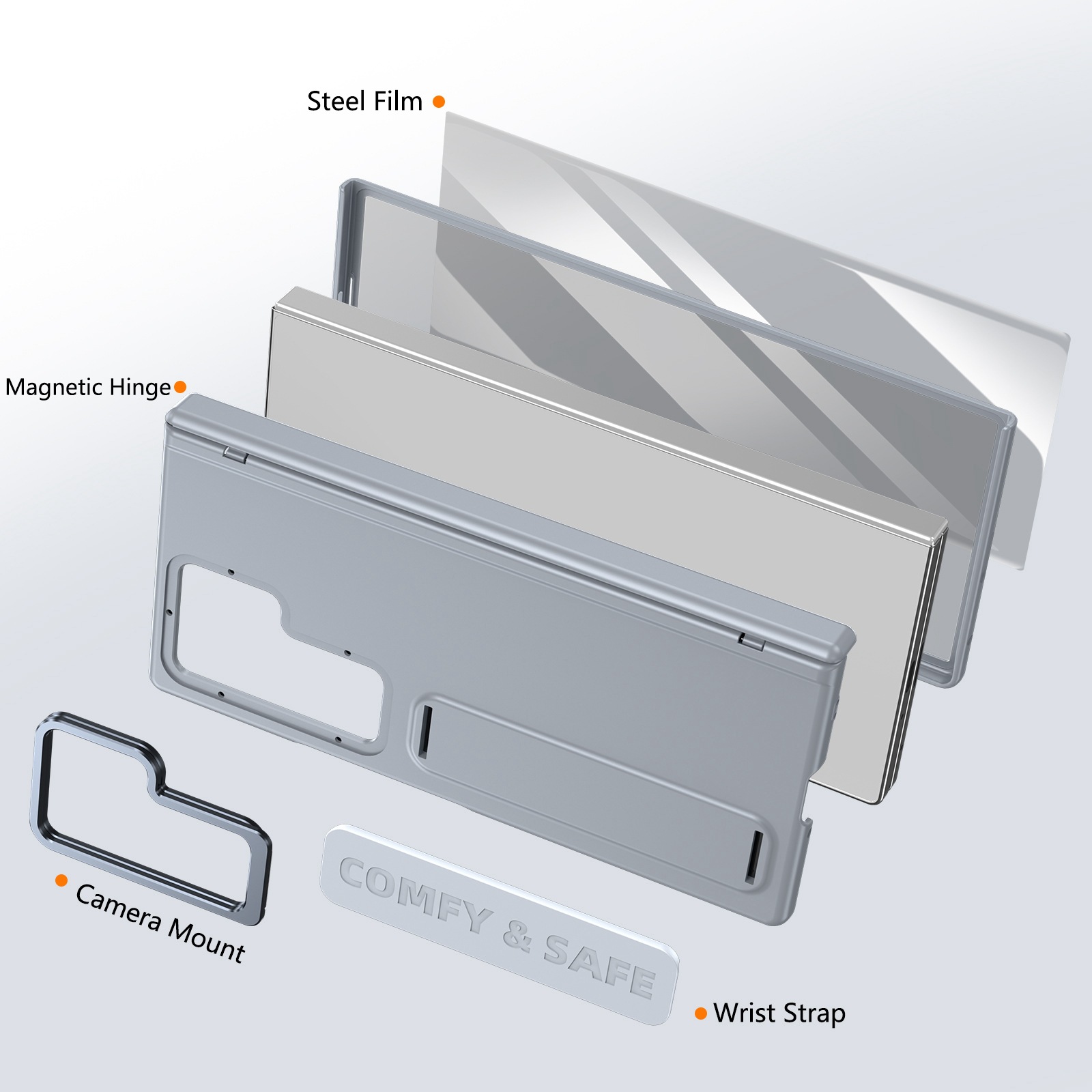 Compatible with Samsung Z Fold8/7/6 phone case, 5/4/3 lens holder, wrist strap, hinge, full coverage, drop protection.
