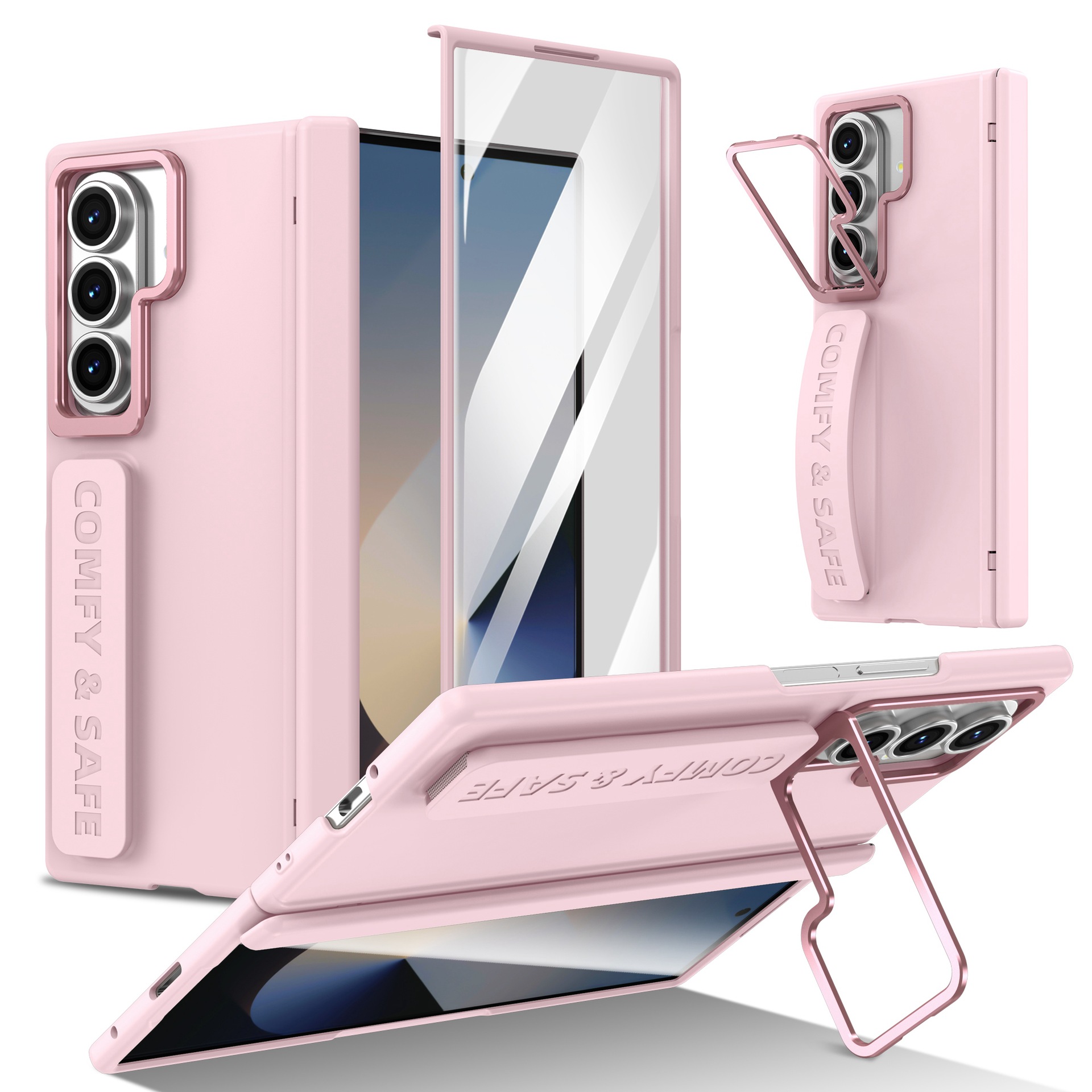 Compatible with Samsung Z Fold8/7/6 phone case, 5/4/3 lens holder, wrist strap, hinge, full coverage, drop protection.