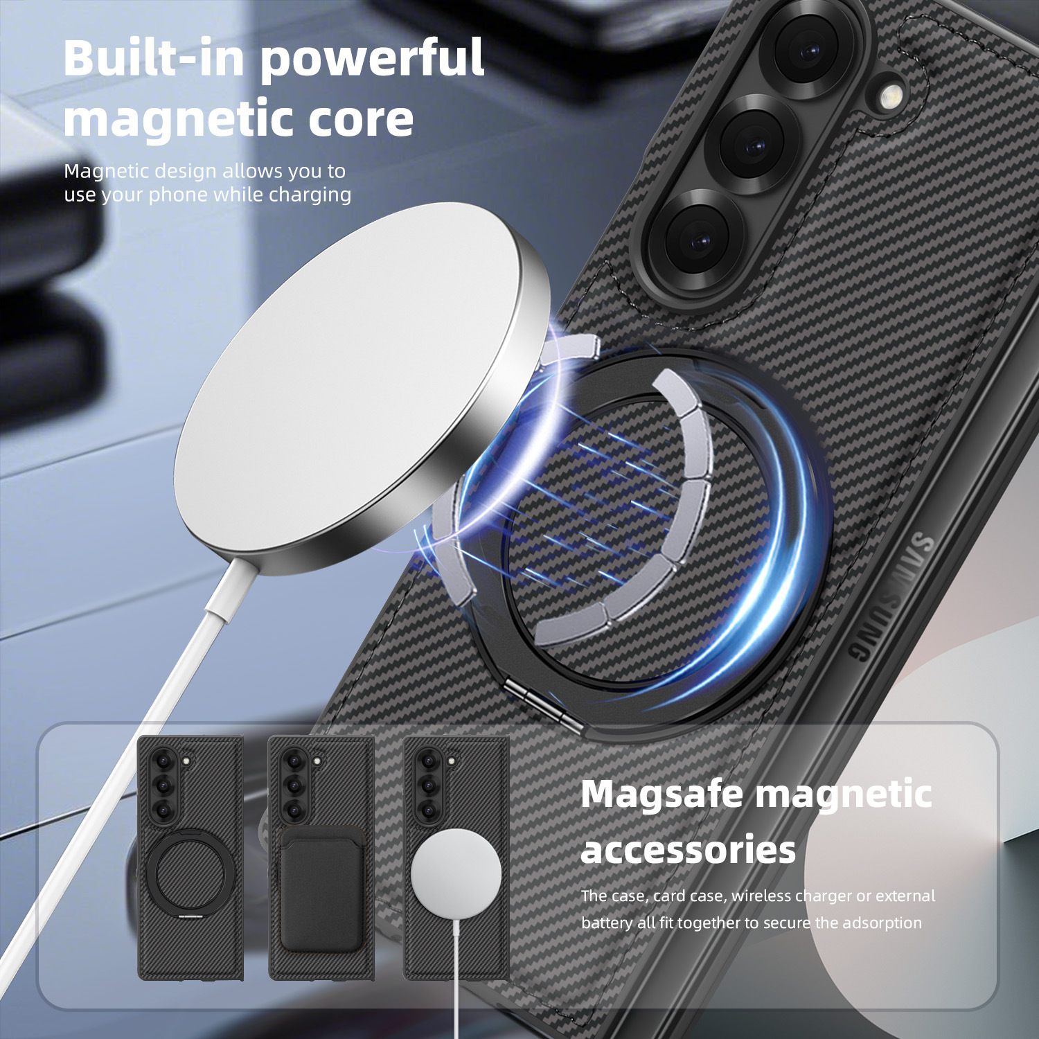 Compatible with Samsung Z Fold8/7 phone case 6/5 magnetic rotating 360° stand 4/3 carbon fiber textured folding screen leather case