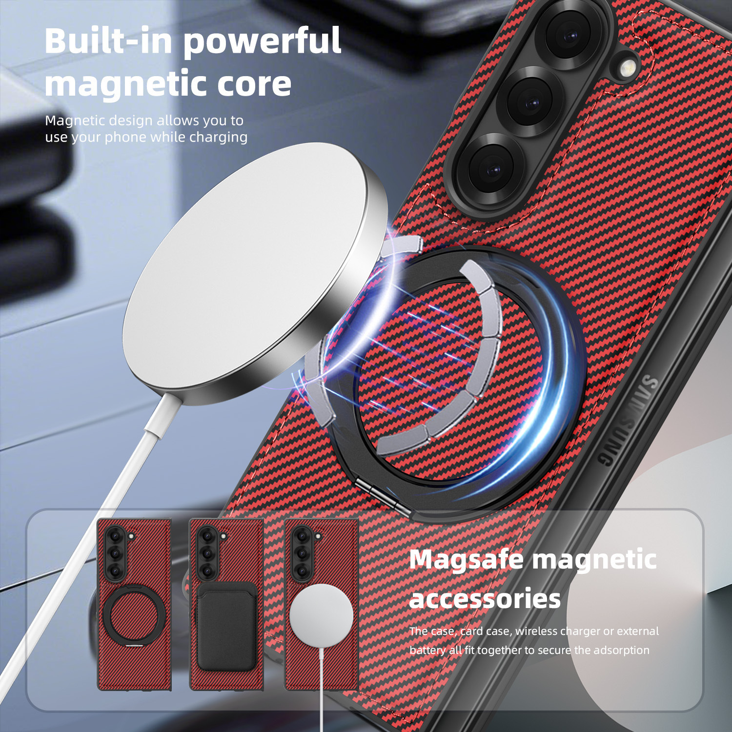 Compatible with Samsung Z Fold8/7 phone case 6/5 magnetic rotating 360° stand 4/3 carbon fiber textured folding screen leather case
