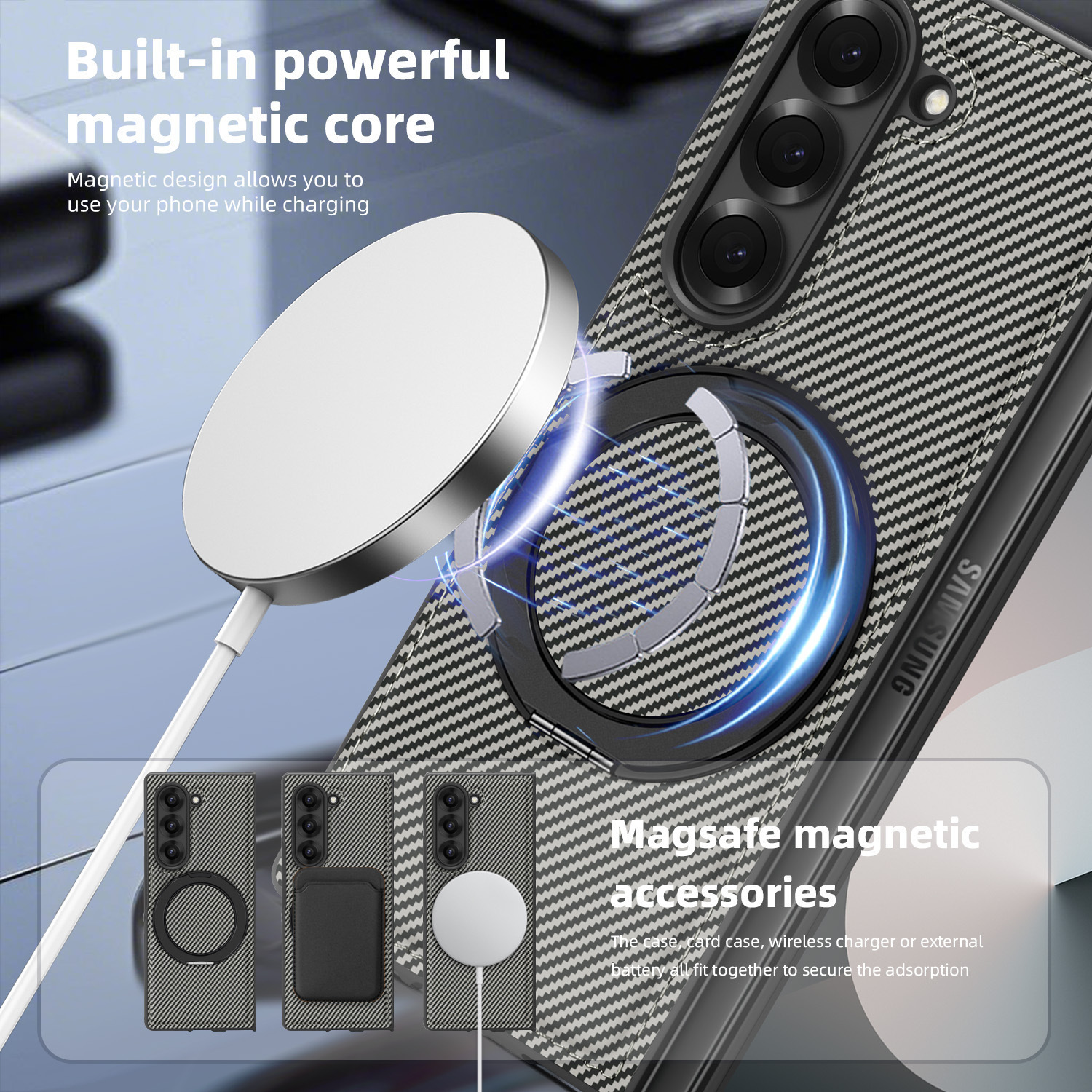 Compatible with Samsung Z Fold8/7 phone case 6/5 magnetic rotating 360° stand 4/3 carbon fiber textured folding screen leather case