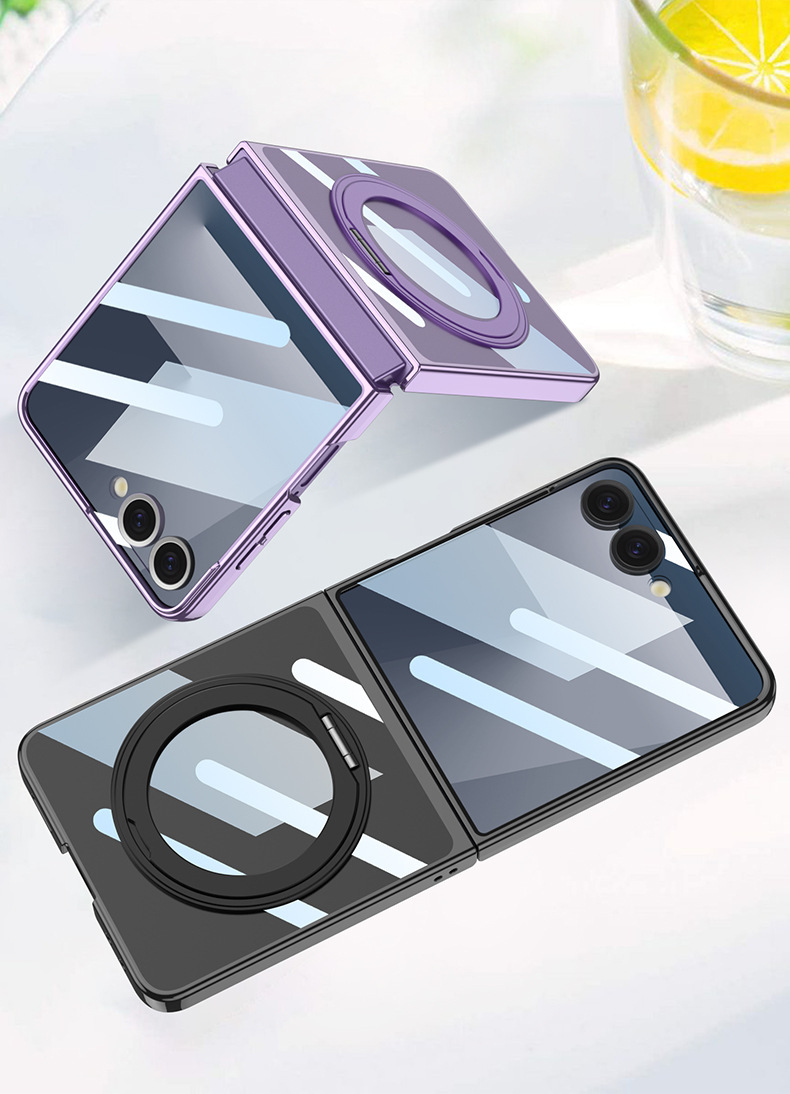 Compatible with Samsung Z Flip 8/7 phone case, rotating stand, magnetic wireless charging case, electroplated transparent protective case