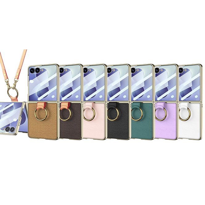 Compatible with Samsung Z Flip8/7 phone case, electroplated ring case, film, vegan leather Flip6/5 crossbody strap protective case