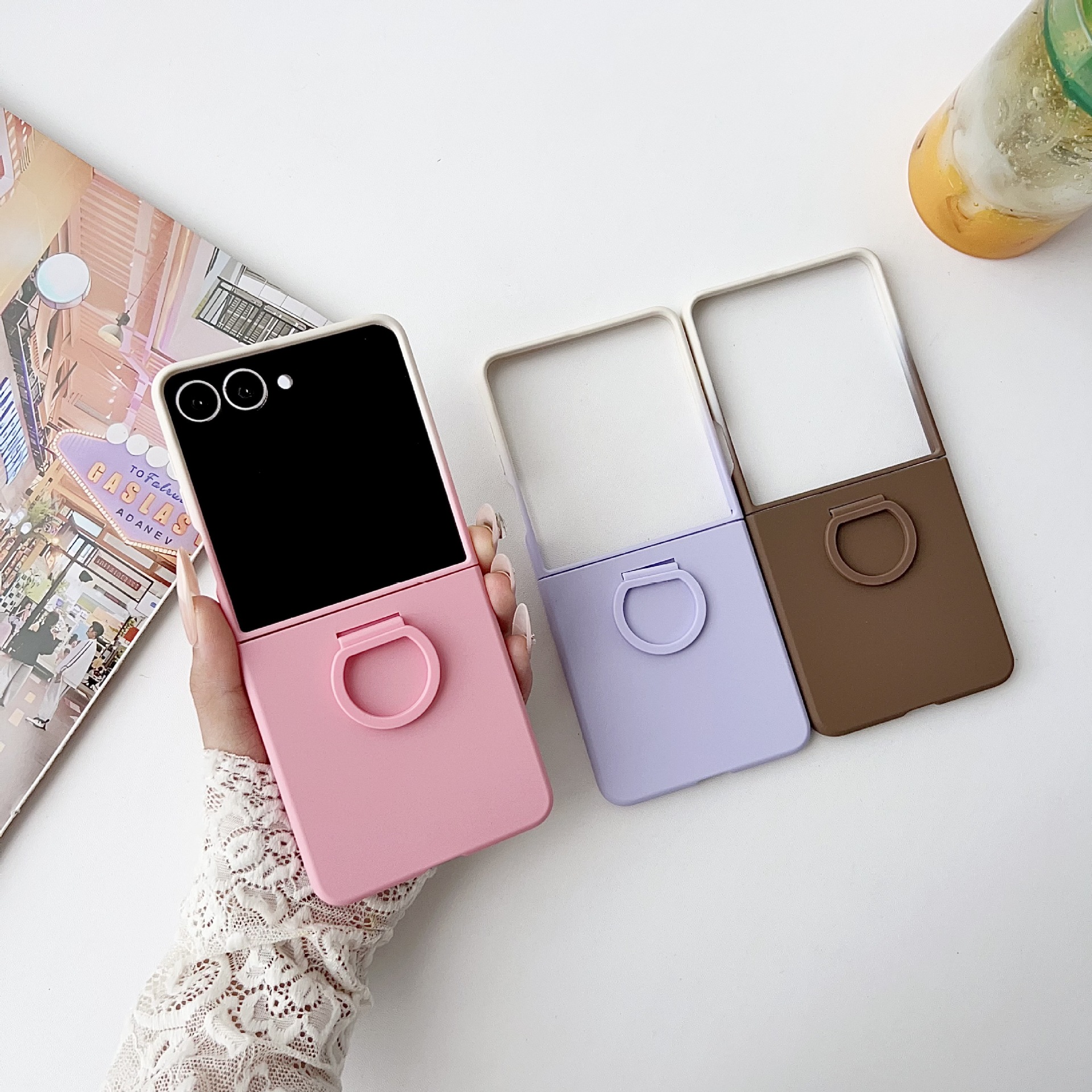 Compatible with Samsung Z Flip8 phone case, Flip7/6/5 solid color skin-feel ring ultra-thin protective case, official style.
