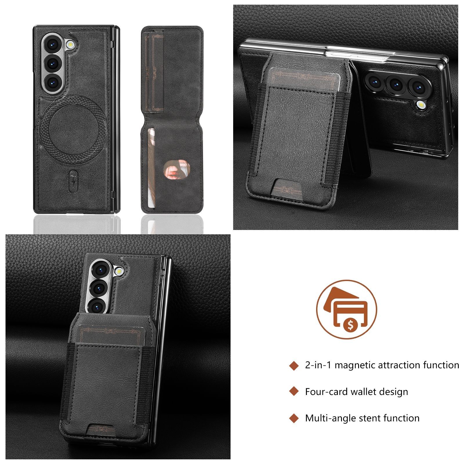 Compatible with Samsung Z Fold8 Ultra phone case, 7/6 magnetic card holder, 5/4 hinge case, full-coverage leather case