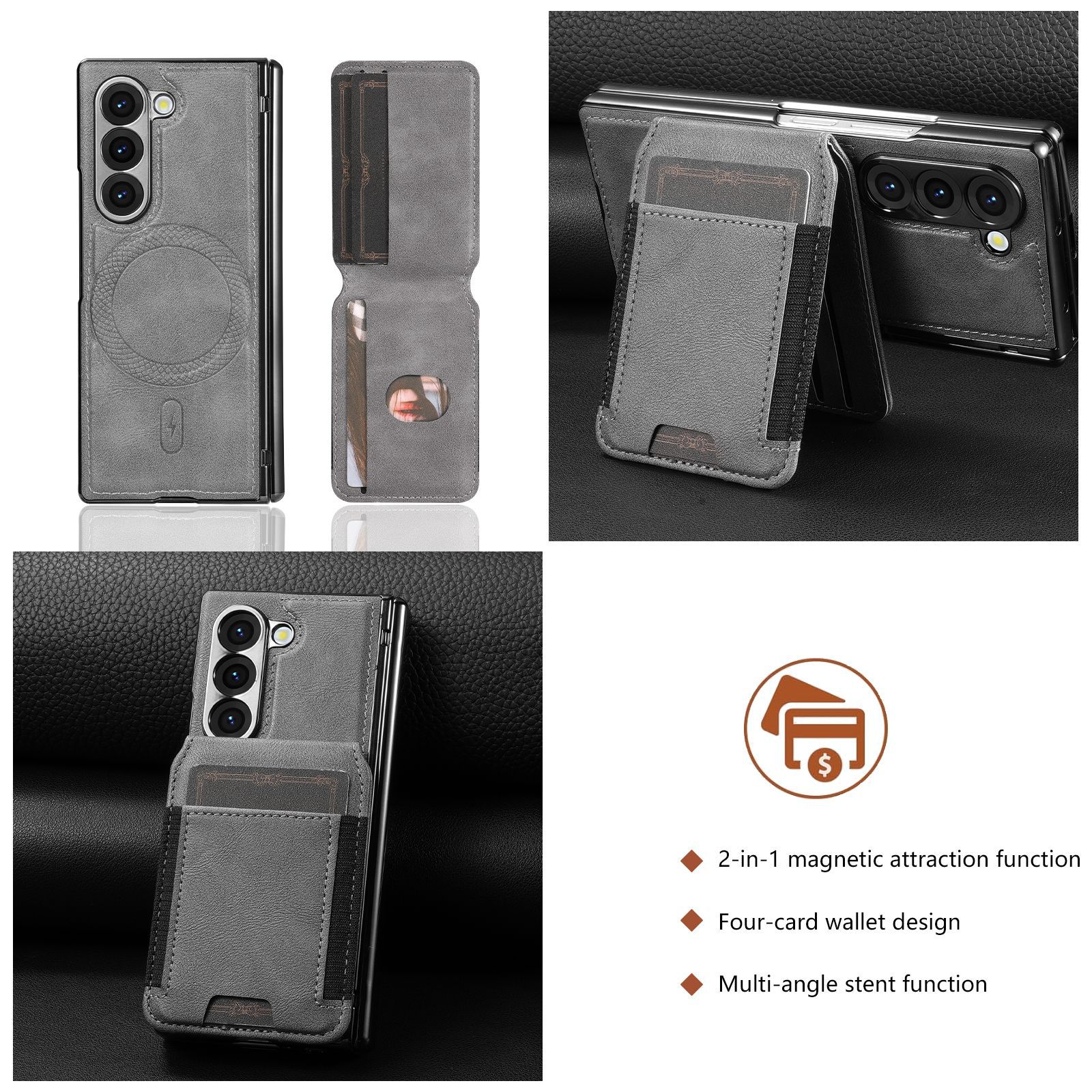 Compatible with Samsung Z Fold8 Ultra phone case, 7/6 magnetic card holder, 5/4 hinge case, full-coverage leather case