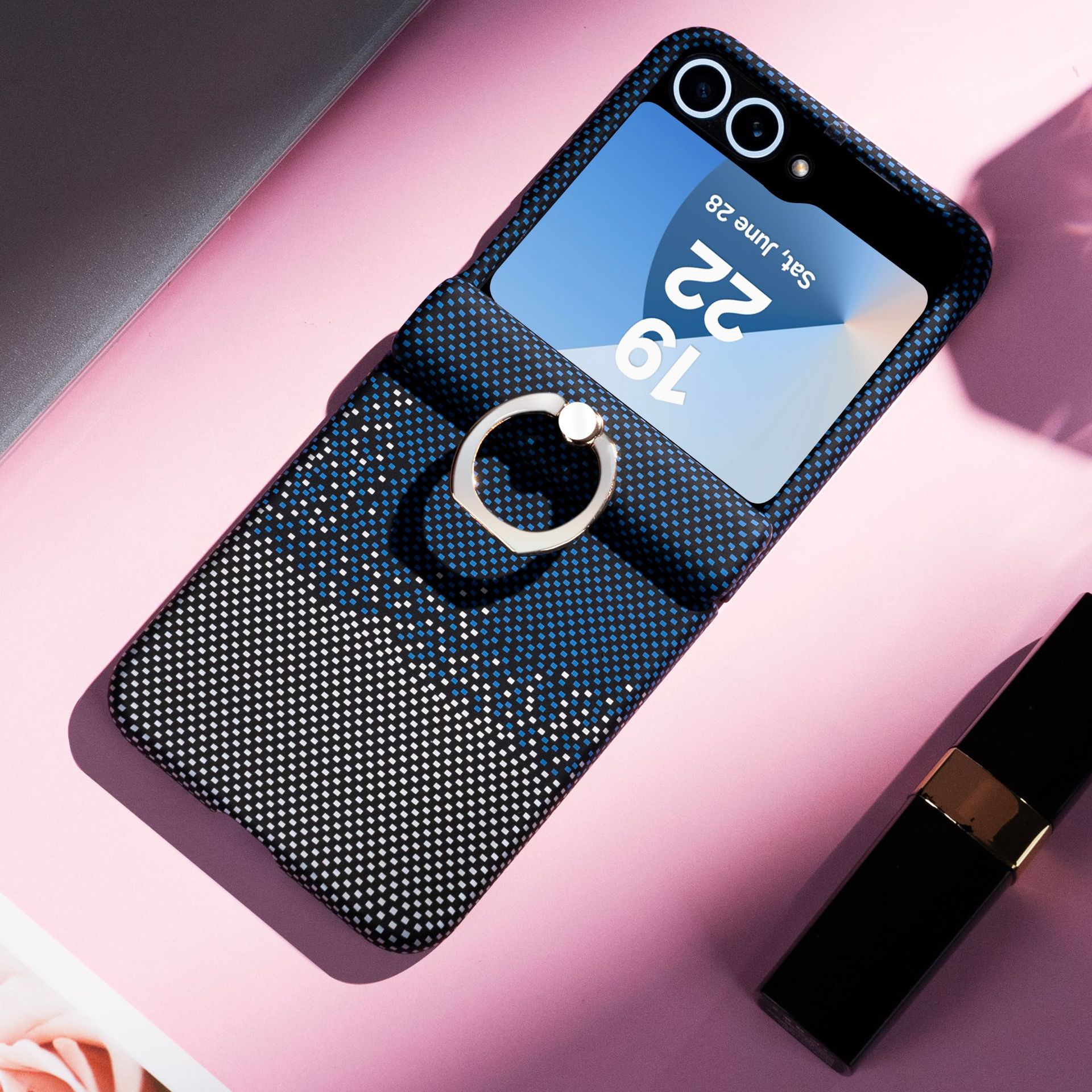 Compatible with Samsung Z Flip 8/7 phone case 6/5 color-blocked carbon fiber texture FLIP 4/3 center axis ring holder case