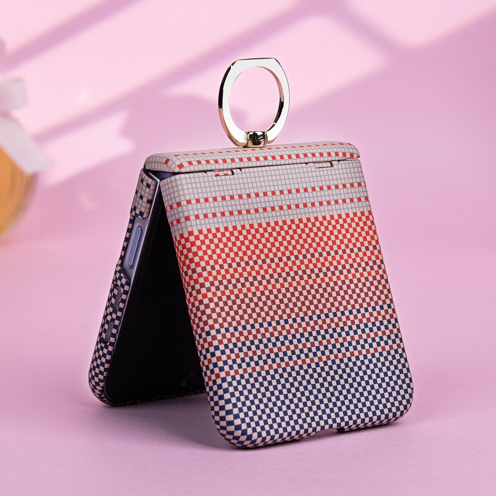 Compatible with Samsung Z Flip 8/7 phone case 6/5 color-blocked carbon fiber texture FLIP 4/3 center axis ring holder case