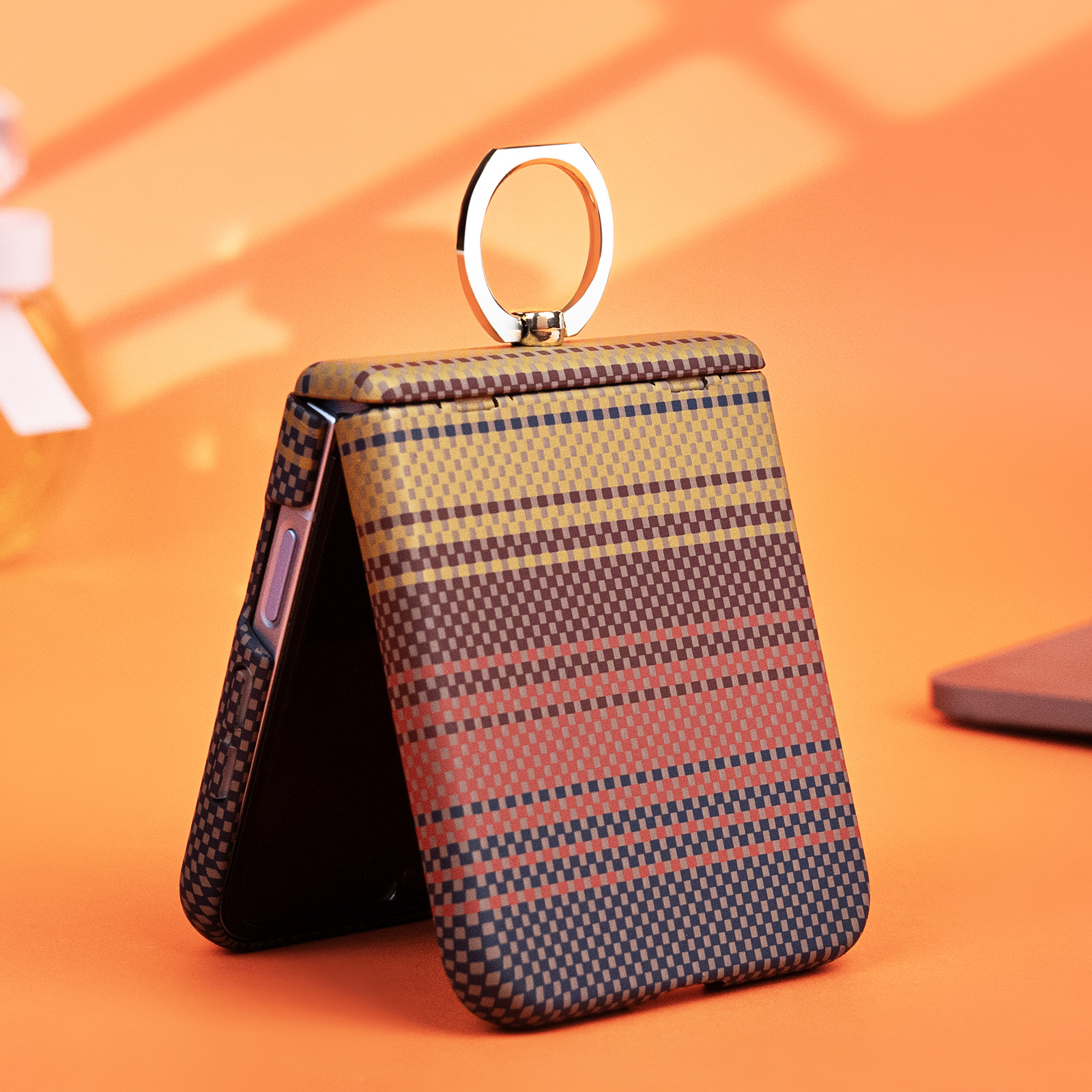 Compatible with Samsung Z Flip 8/7 phone case 6/5 color-blocked carbon fiber texture FLIP 4/3 center axis ring holder case
