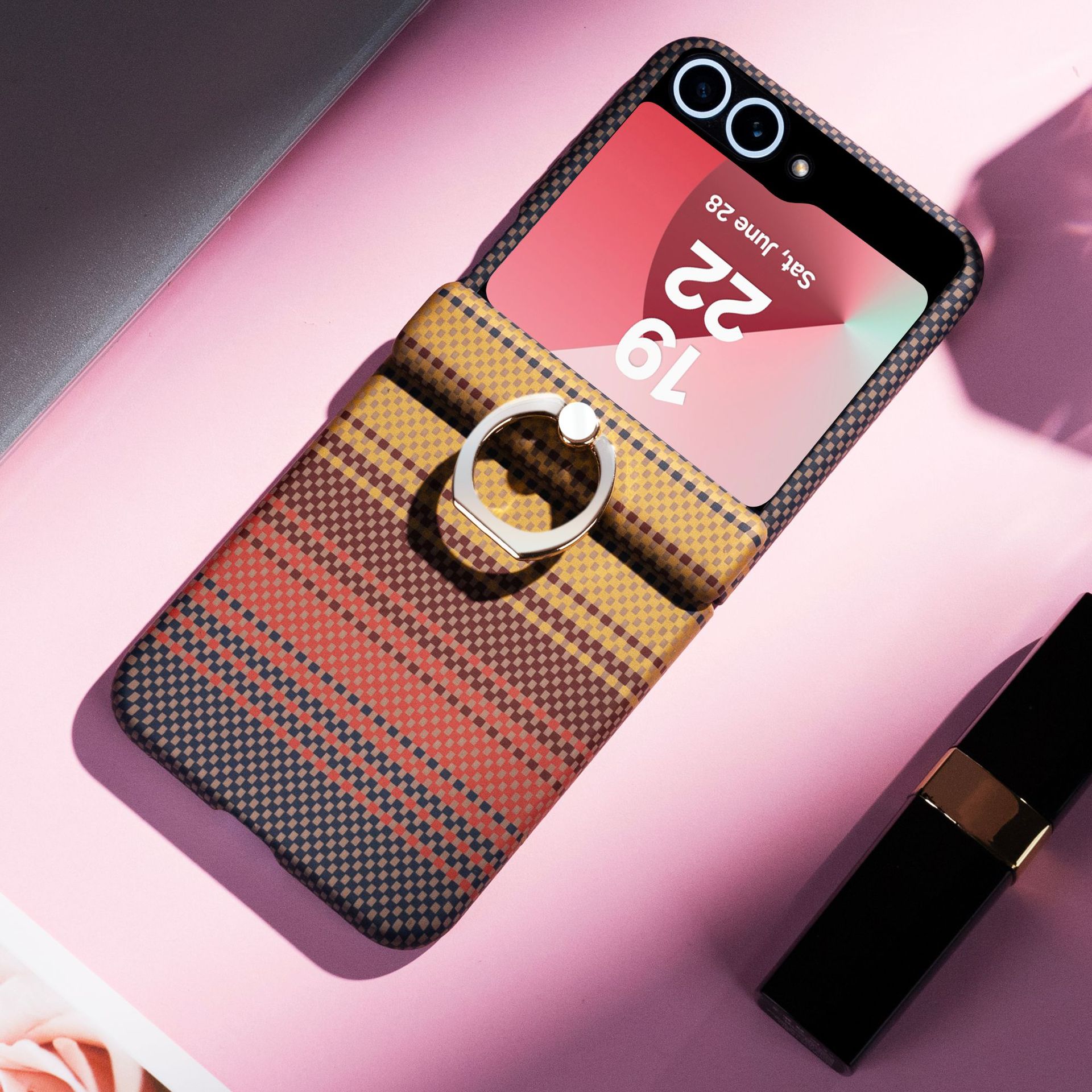 Compatible with Samsung Z Flip 8/7 phone case 6/5 color-blocked carbon fiber texture FLIP 4/3 center axis ring holder case