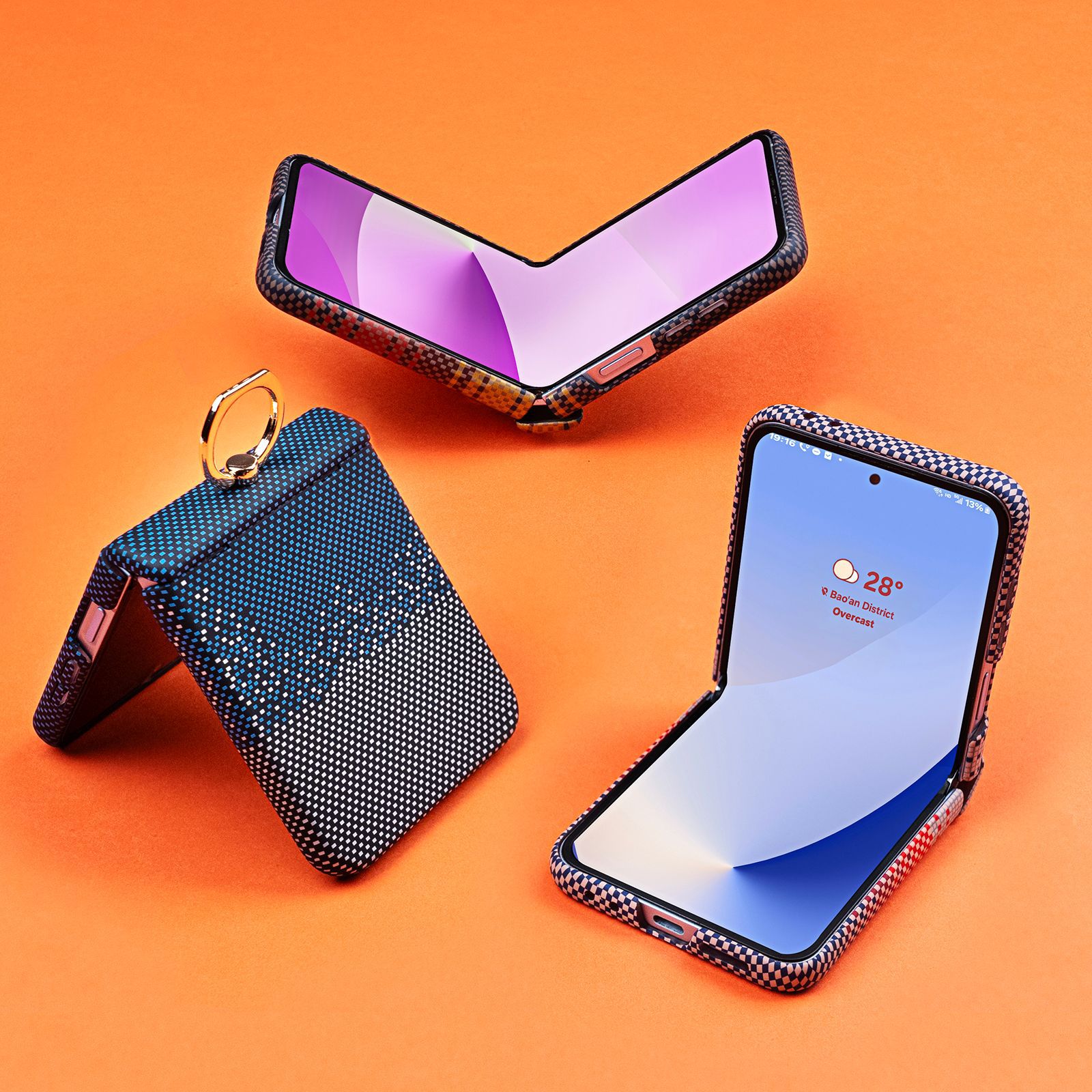 Compatible with Samsung Z Flip 8/7 phone case 6/5 color-blocked carbon fiber texture FLIP 4/3 center axis ring holder case