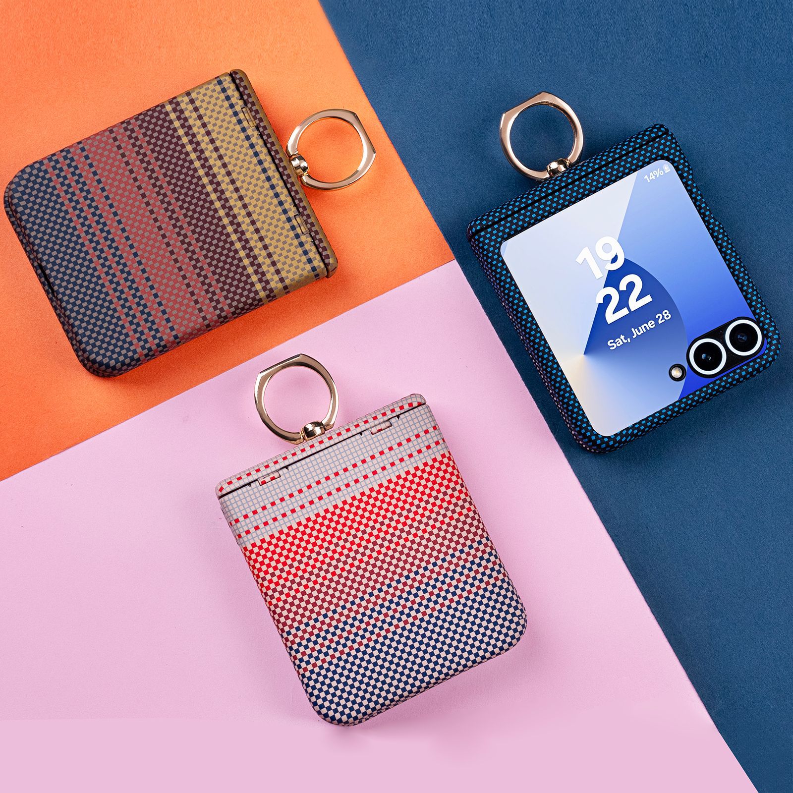 Compatible with Samsung Z Flip 8/7 phone case 6/5 color-blocked carbon fiber texture FLIP 4/3 center axis ring holder case