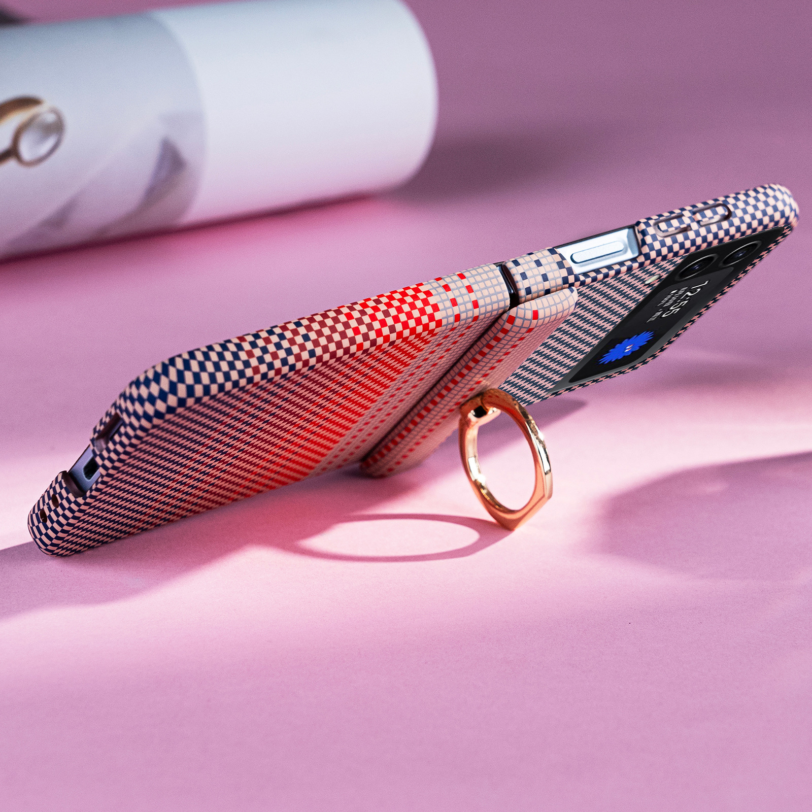 Compatible with Samsung Z Flip 8/7 phone case 6/5 color-blocked carbon fiber texture FLIP 4/3 center axis ring holder case