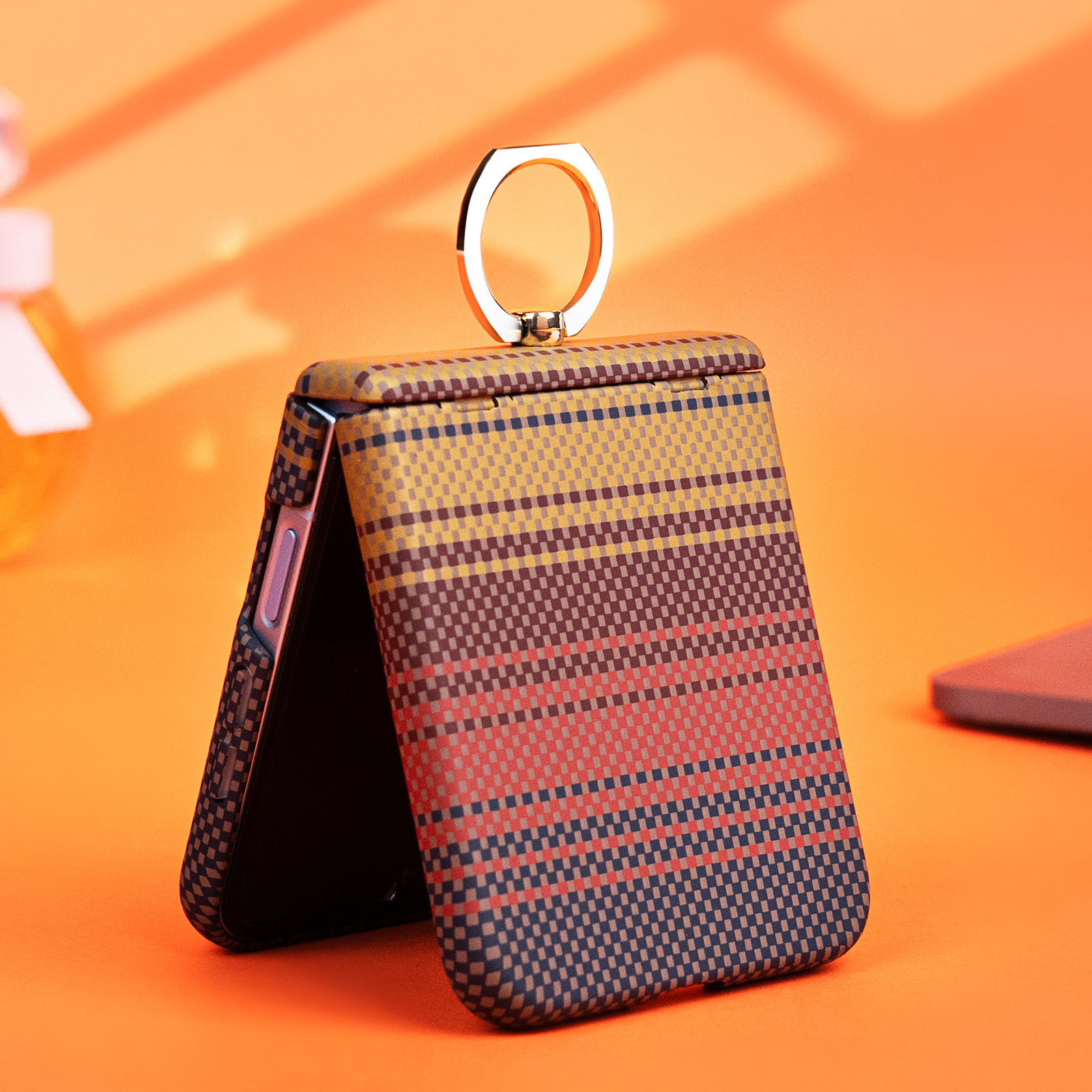 Compatible with Samsung Z Flip 8/7 phone case 6/5 color-blocked carbon fiber texture FLIP 4/3 center axis ring holder case