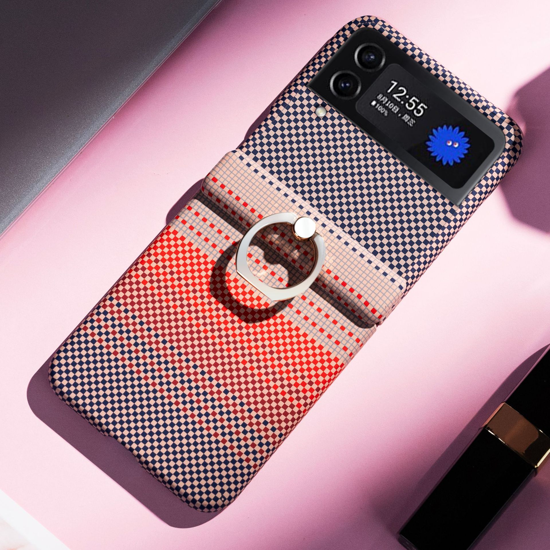 Compatible with Samsung Z Flip 8/7 phone case 6/5 color-blocked carbon fiber texture FLIP 4/3 center axis ring holder case