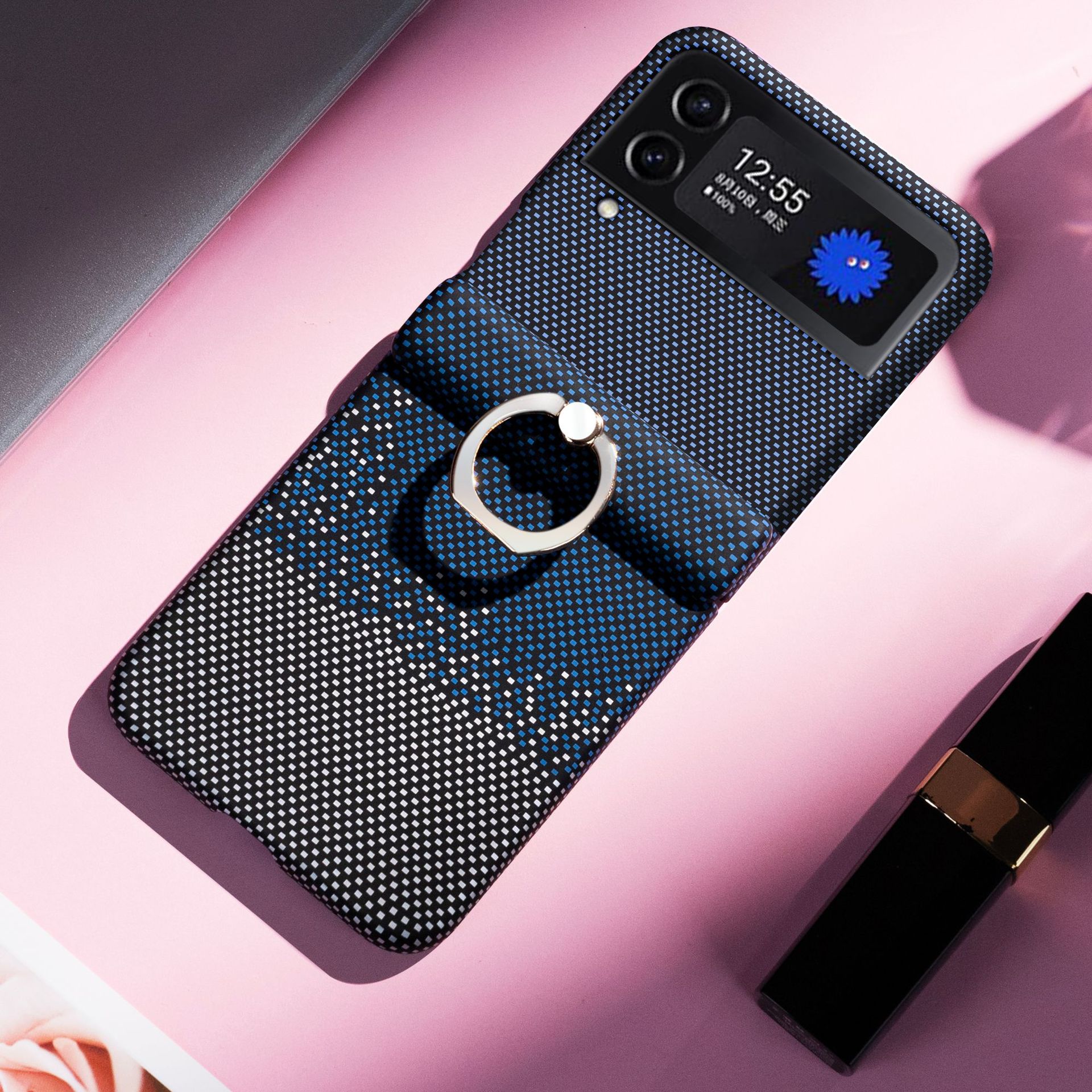 Compatible with Samsung Z Flip 8/7 phone case 6/5 color-blocked carbon fiber texture FLIP 4/3 center axis ring holder case