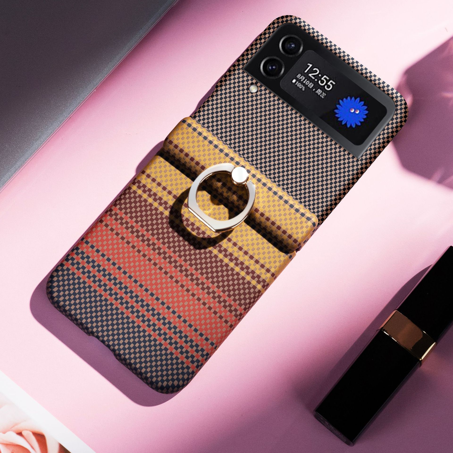 Compatible with Samsung Z Flip 8/7 phone case 6/5 color-blocked carbon fiber texture FLIP 4/3 center axis ring holder case