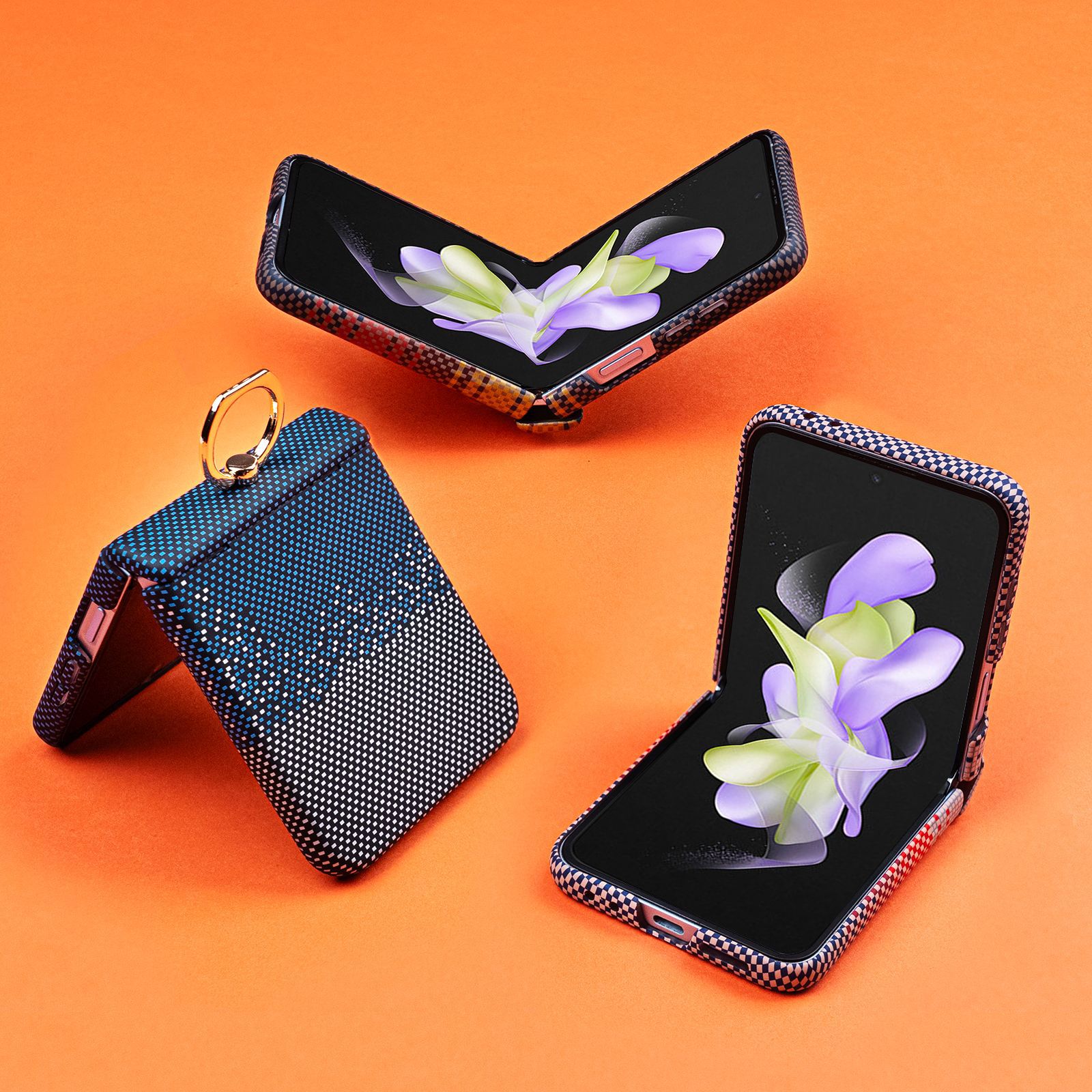Compatible with Samsung Z Flip 8/7 phone case 6/5 color-blocked carbon fiber texture FLIP 4/3 center axis ring holder case