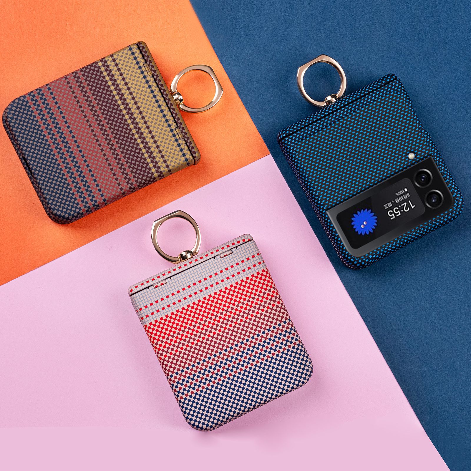 Compatible with Samsung Z Flip 8/7 phone case 6/5 color-blocked carbon fiber texture FLIP 4/3 center axis ring holder case