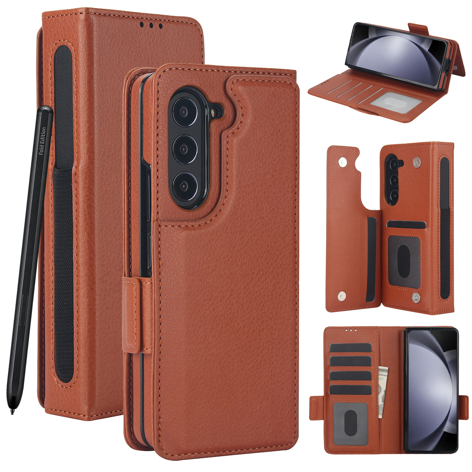 Compatible with Samsung Z Fold7/6/5 phone case, 4/3 SIM card slot, pen slot, multi-functional flip cover, folding stand, protective case